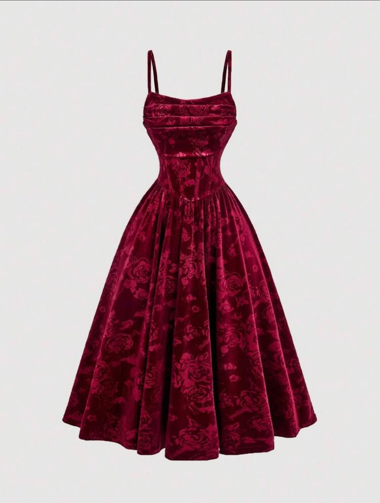 Burgundy Velvet Embossed Rose Midi Dress - fabric close up