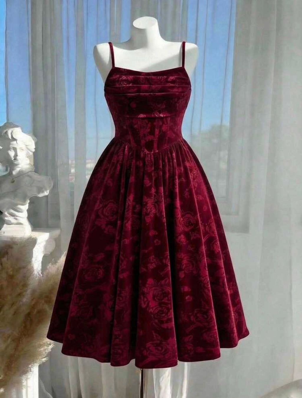 Burgundy Velvet Embossed Rose Midi Dress - styled with accessories