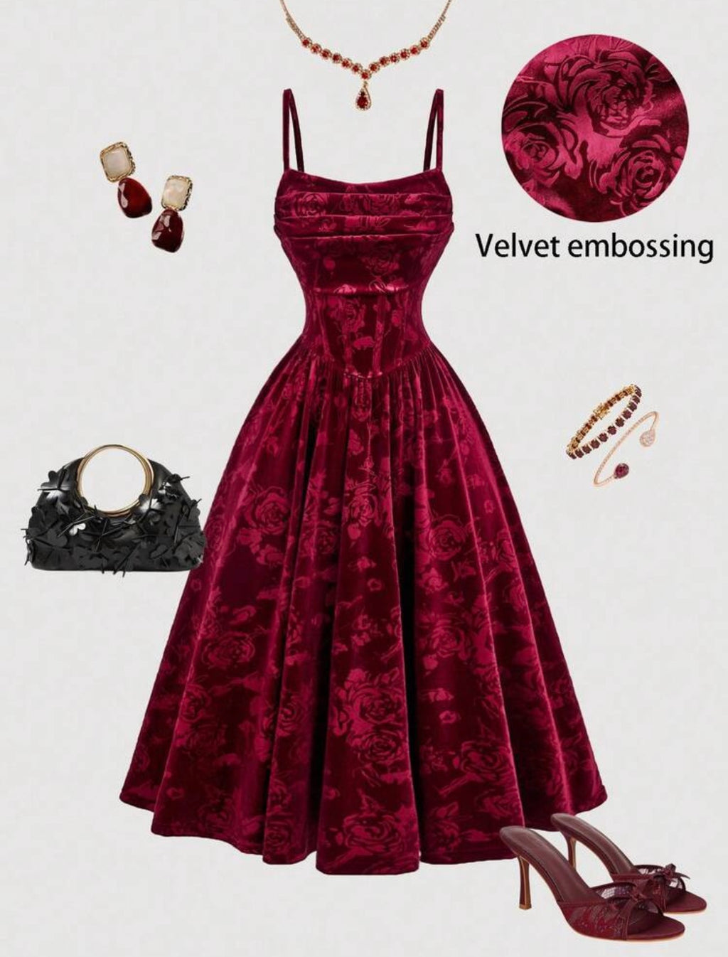 Burgundy Velvet Embossed Rose Midi Dress - model street style