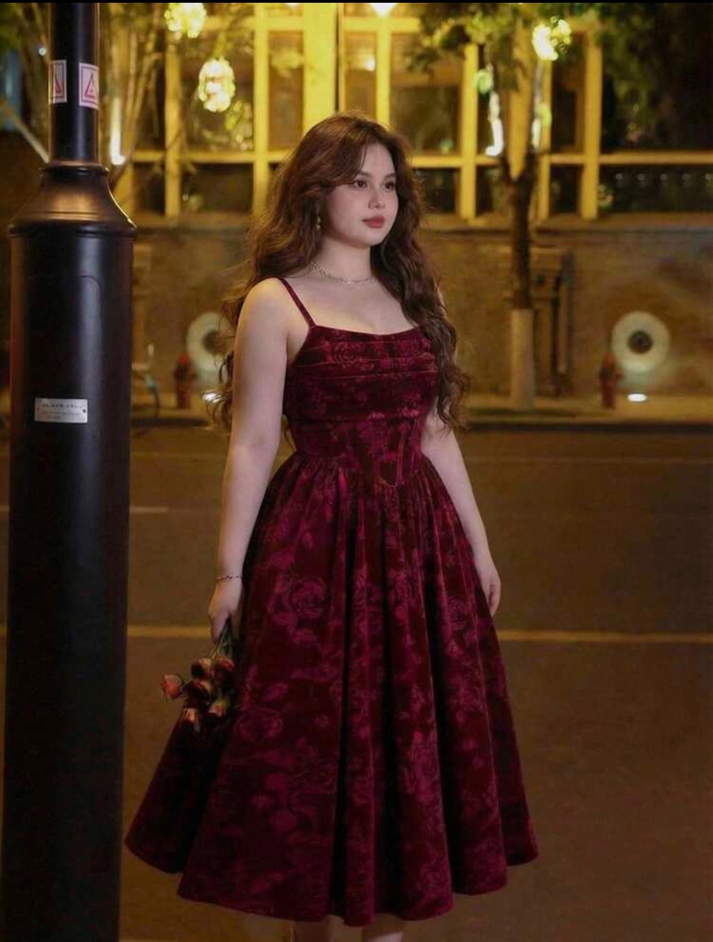 Burgundy Velvet Embossed Rose Midi Dress - model evening look