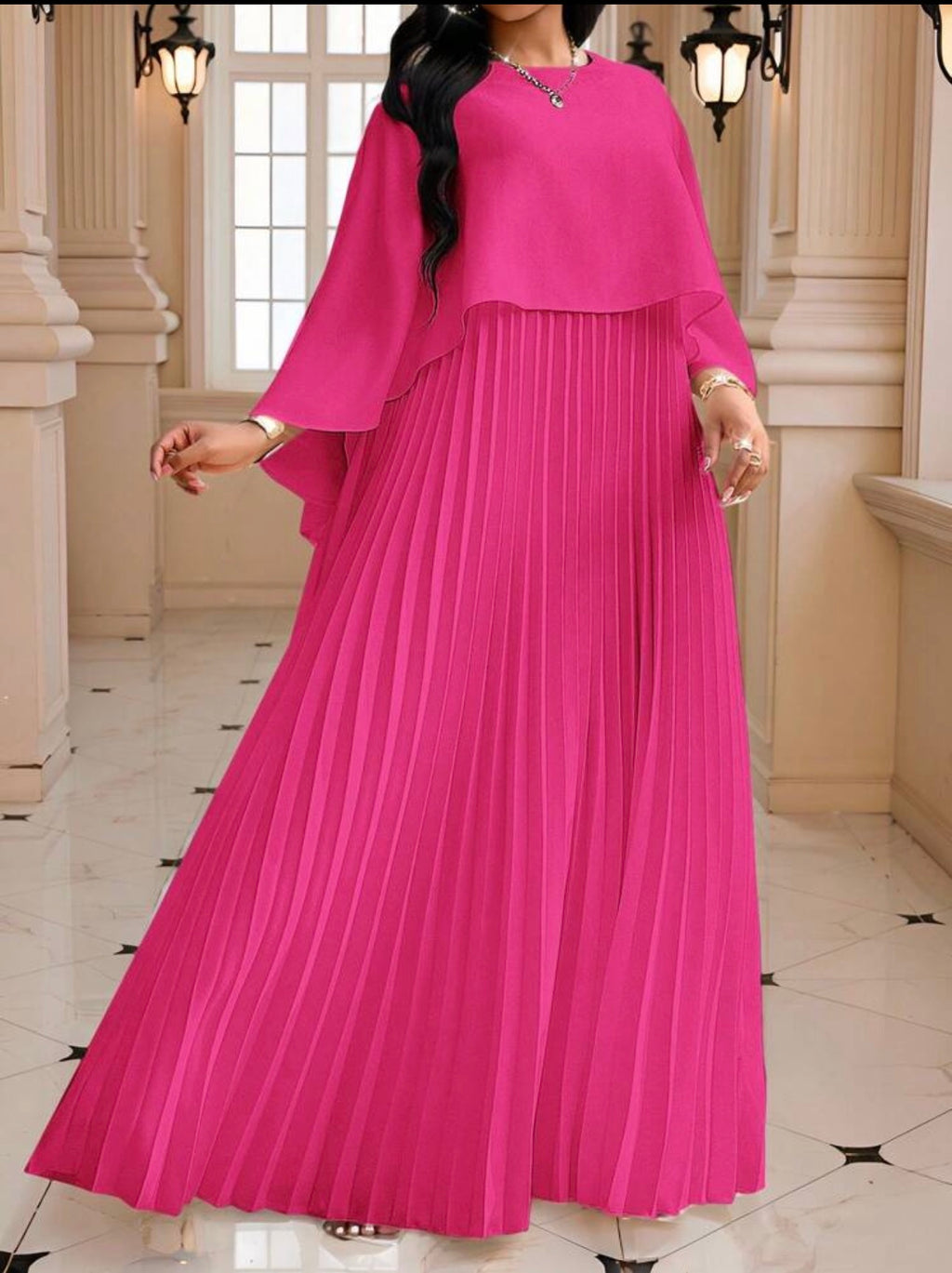 Cape Overlay Pleated Maxi Dress in Red - front view