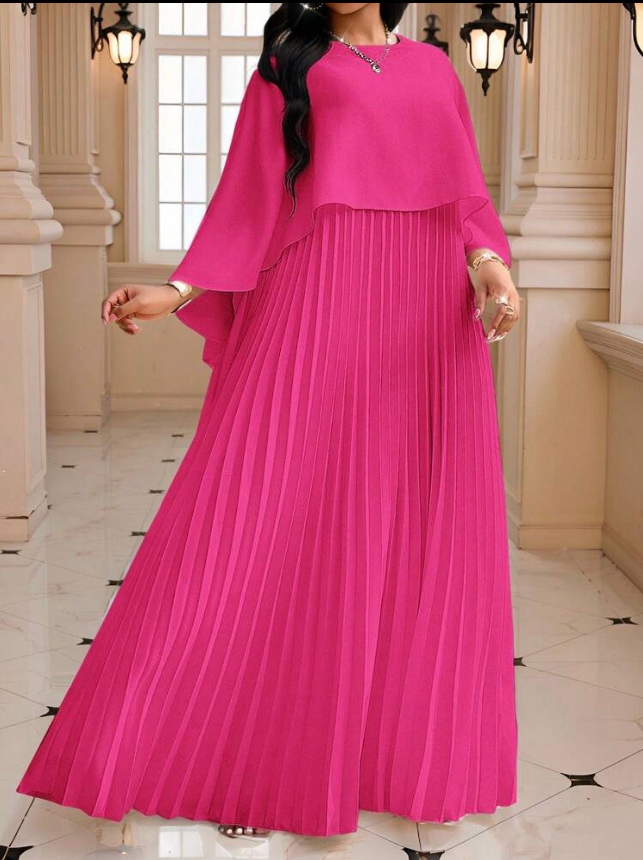 Cape Overlay Pleated Maxi Dress in Red - front view
