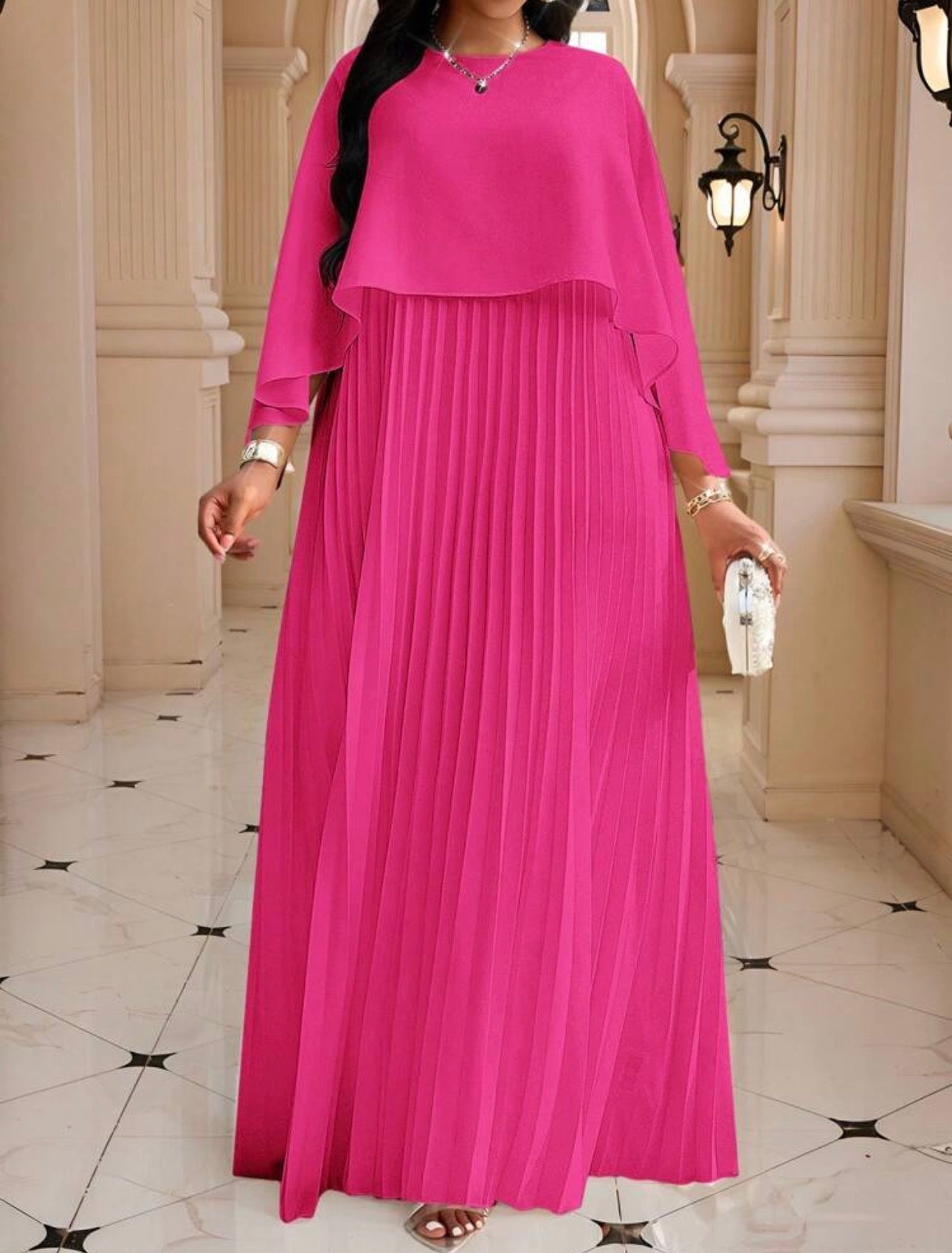 Cape Overlay Pleated Maxi Dress in Blue - back view