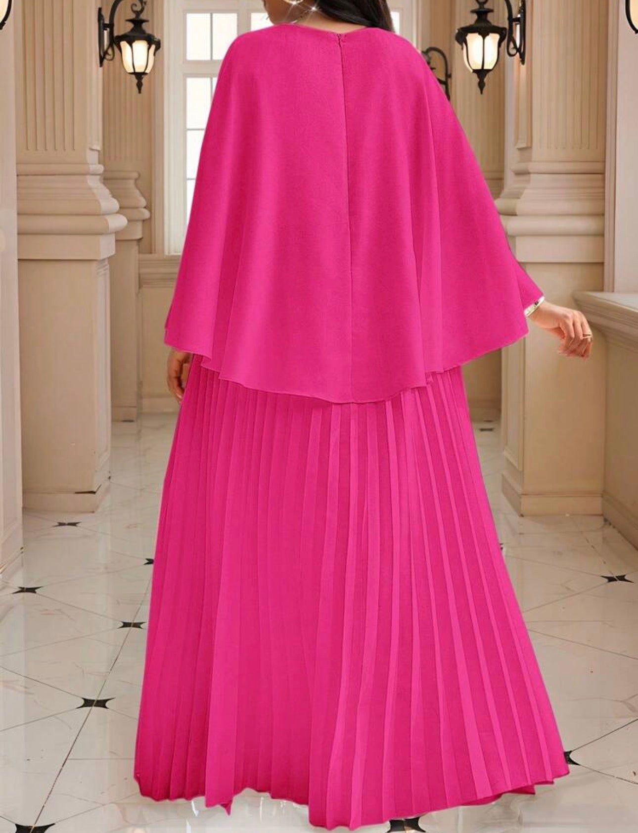 Cape Overlay Pleated Maxi Dress in Blue - front view