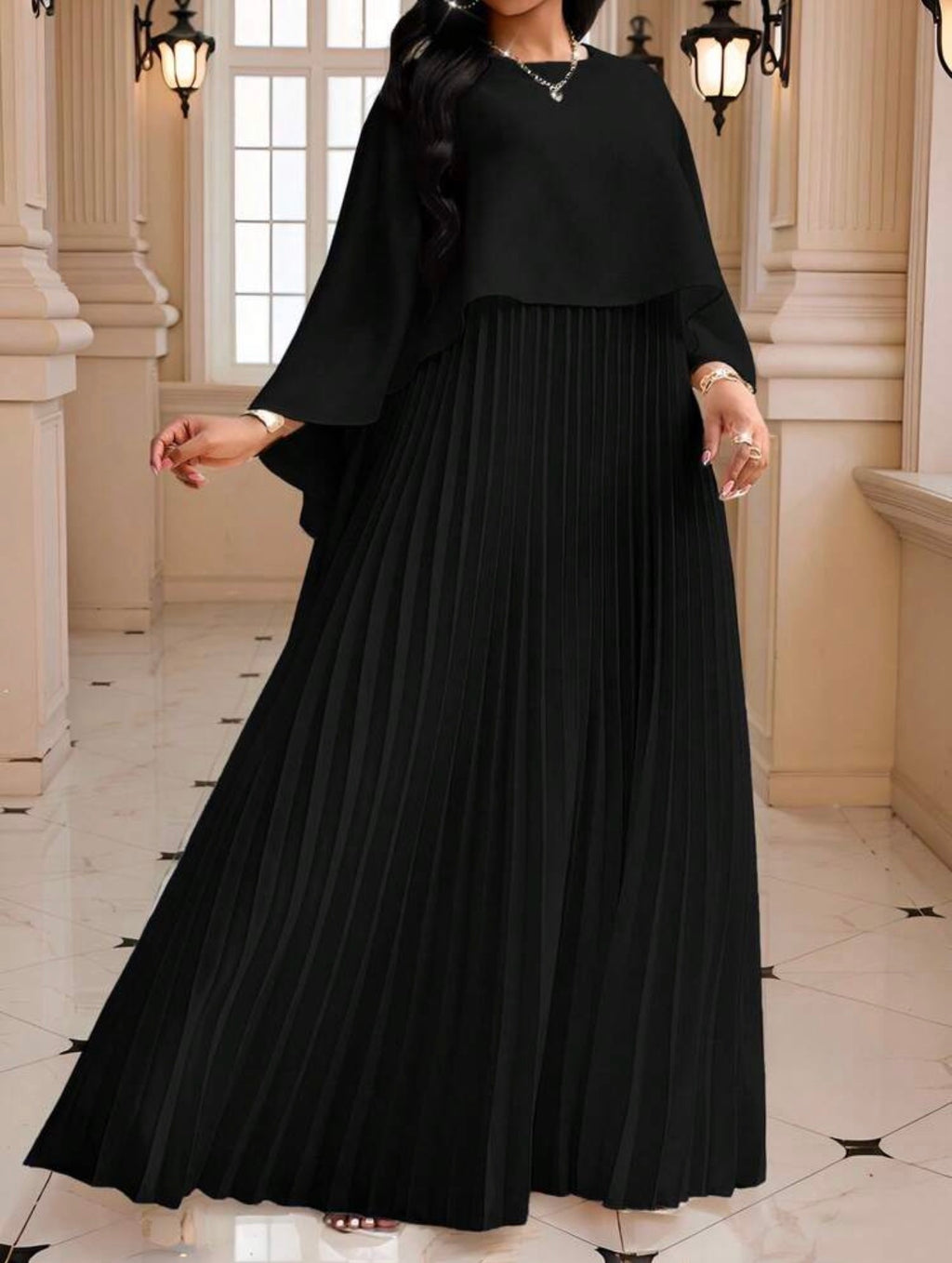 Cape Overlay Pleated Maxi Dress in Blue - side view