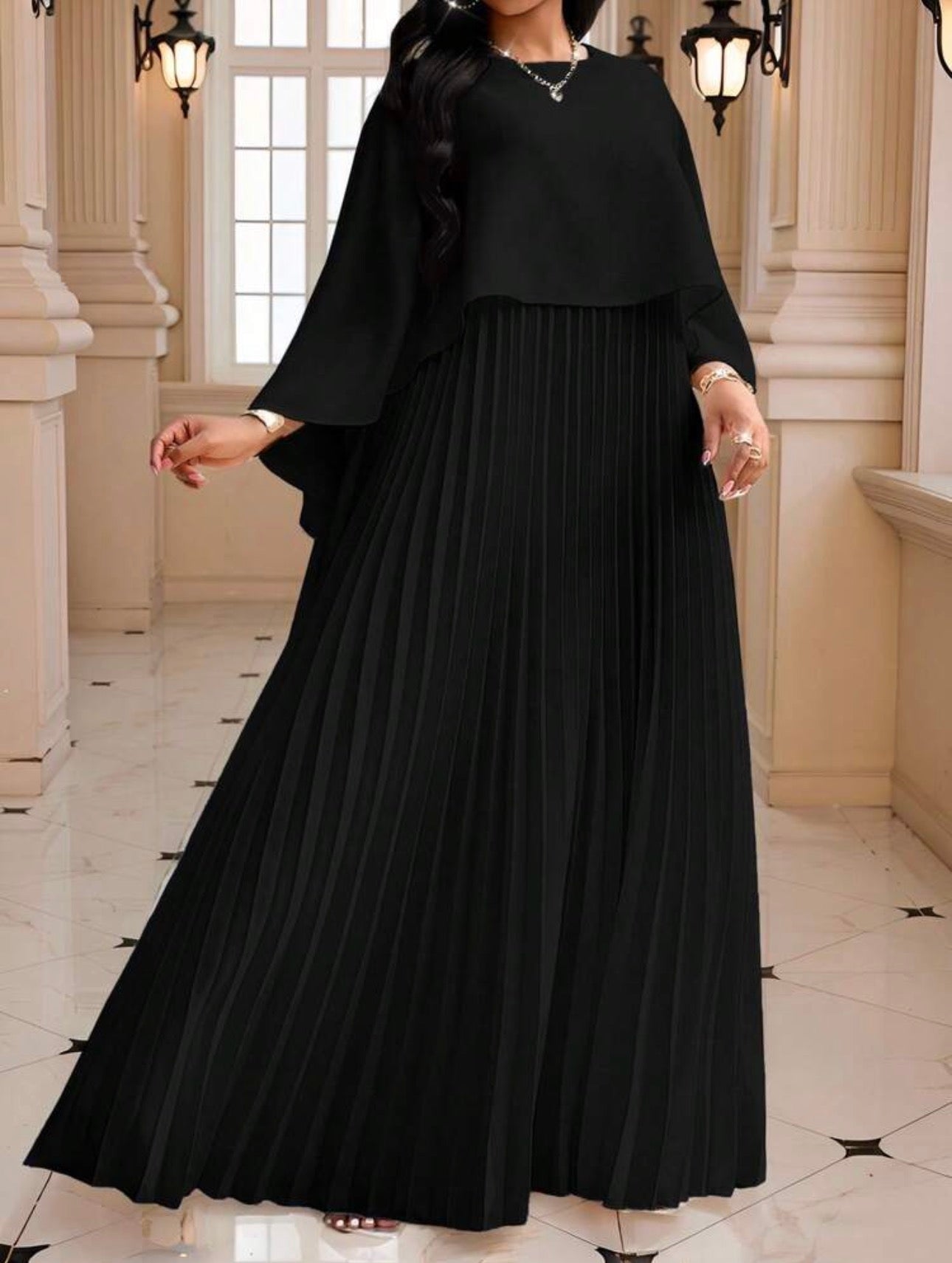 Cape Overlay Pleated Maxi Dress in Blue - side view