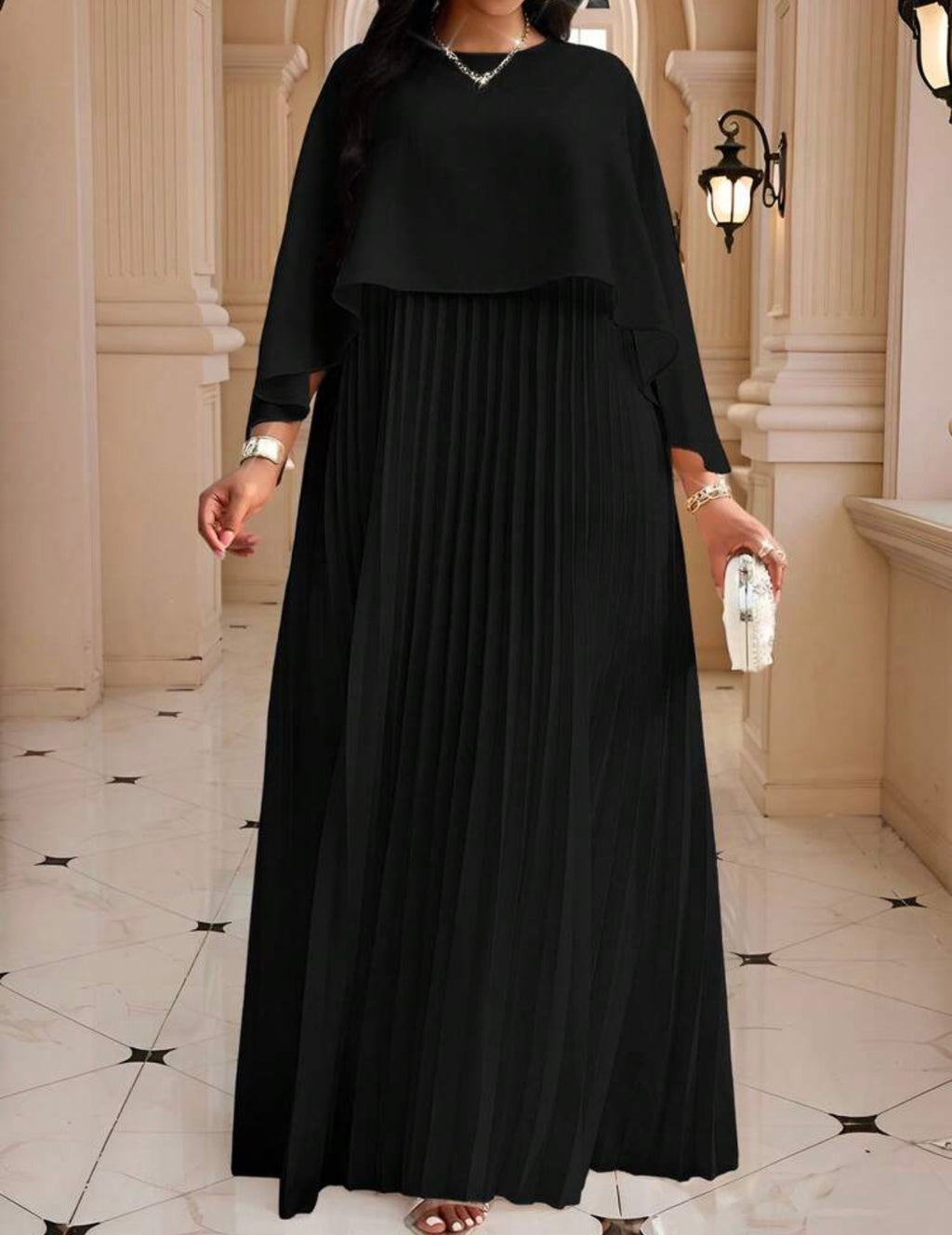 Cape Overlay Pleated Maxi Dress in Blue - detail