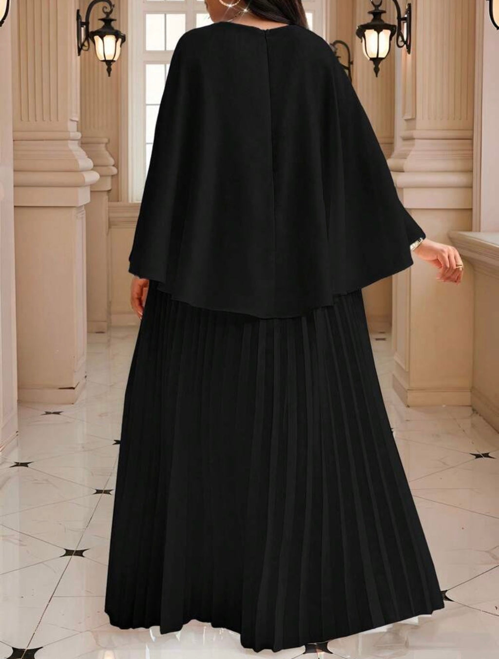 Cape Overlay Pleated Maxi Dress in White - back view