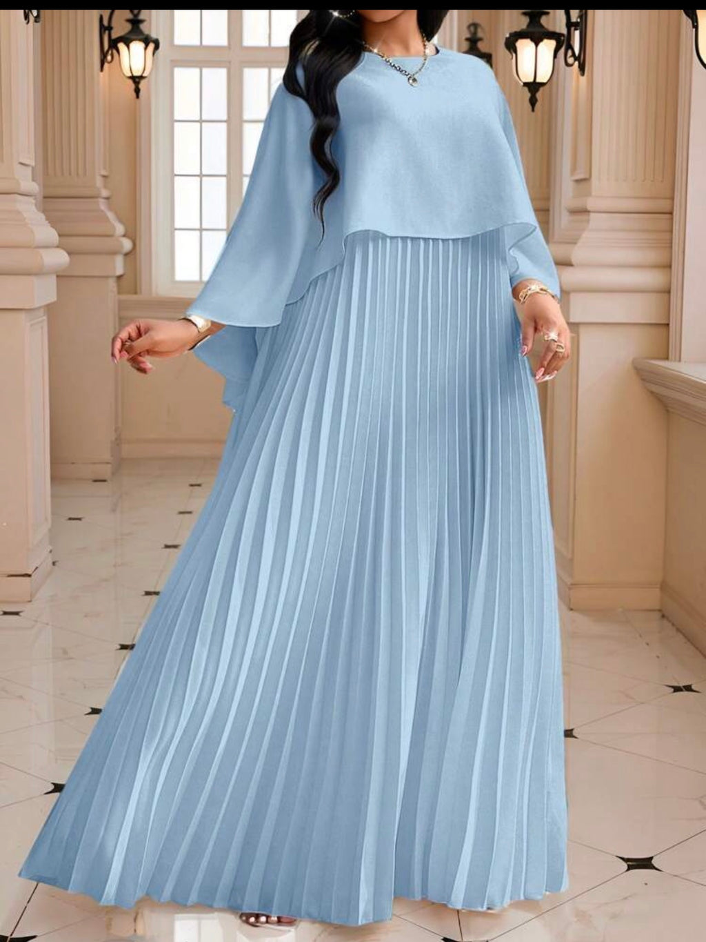 Cape Overlay Pleated Maxi Dress in White - front view