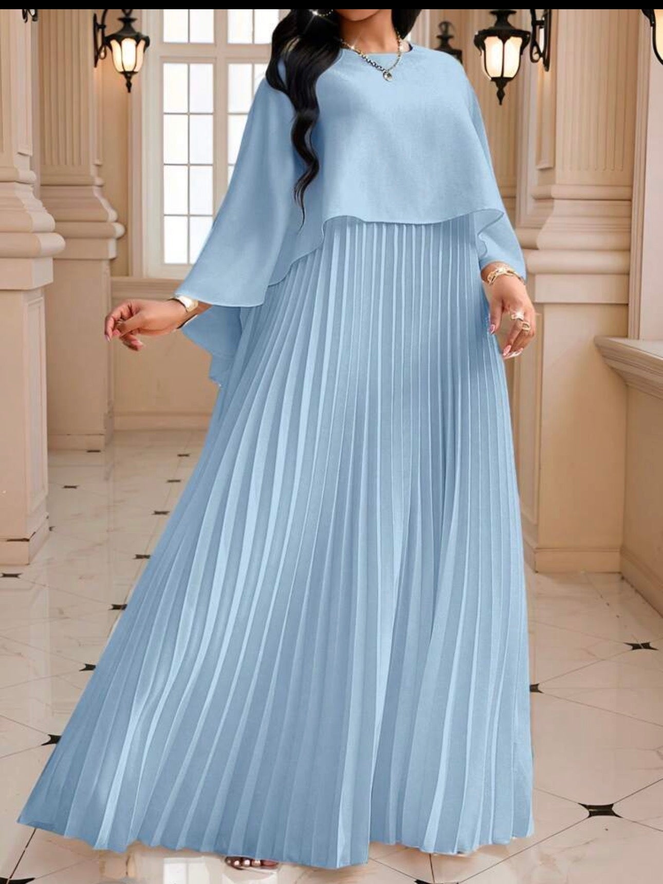 Cape Overlay Pleated Maxi Dress in White - front view