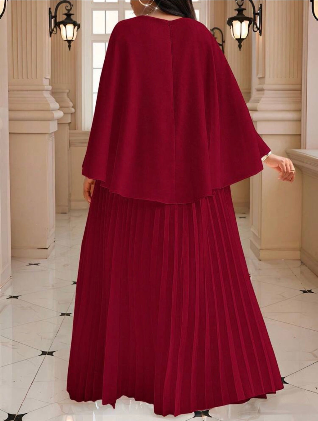 Cape Overlay Pleated Maxi Dress in Beige - front view