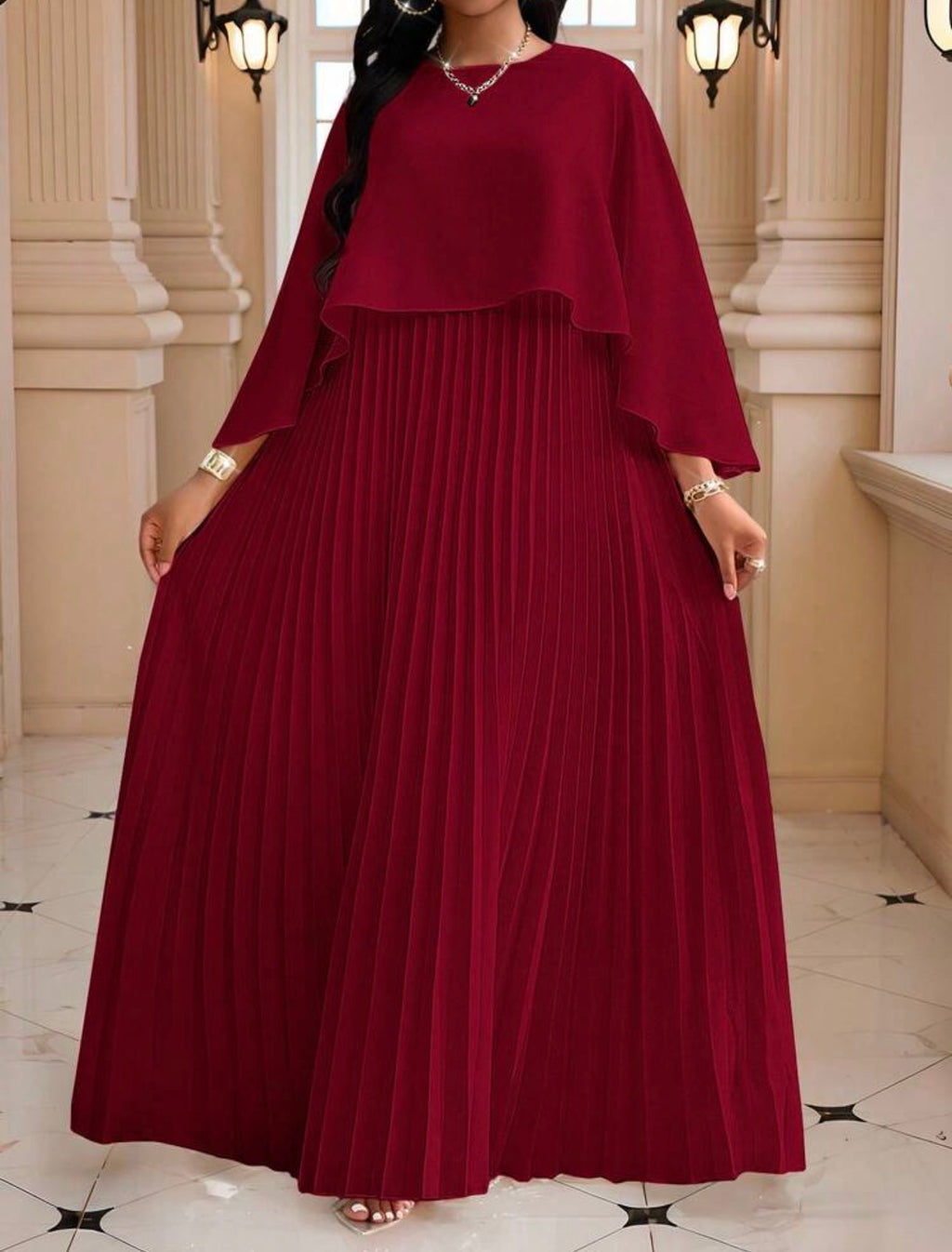 Cape Overlay Pleated Maxi Dress in Beige - side view