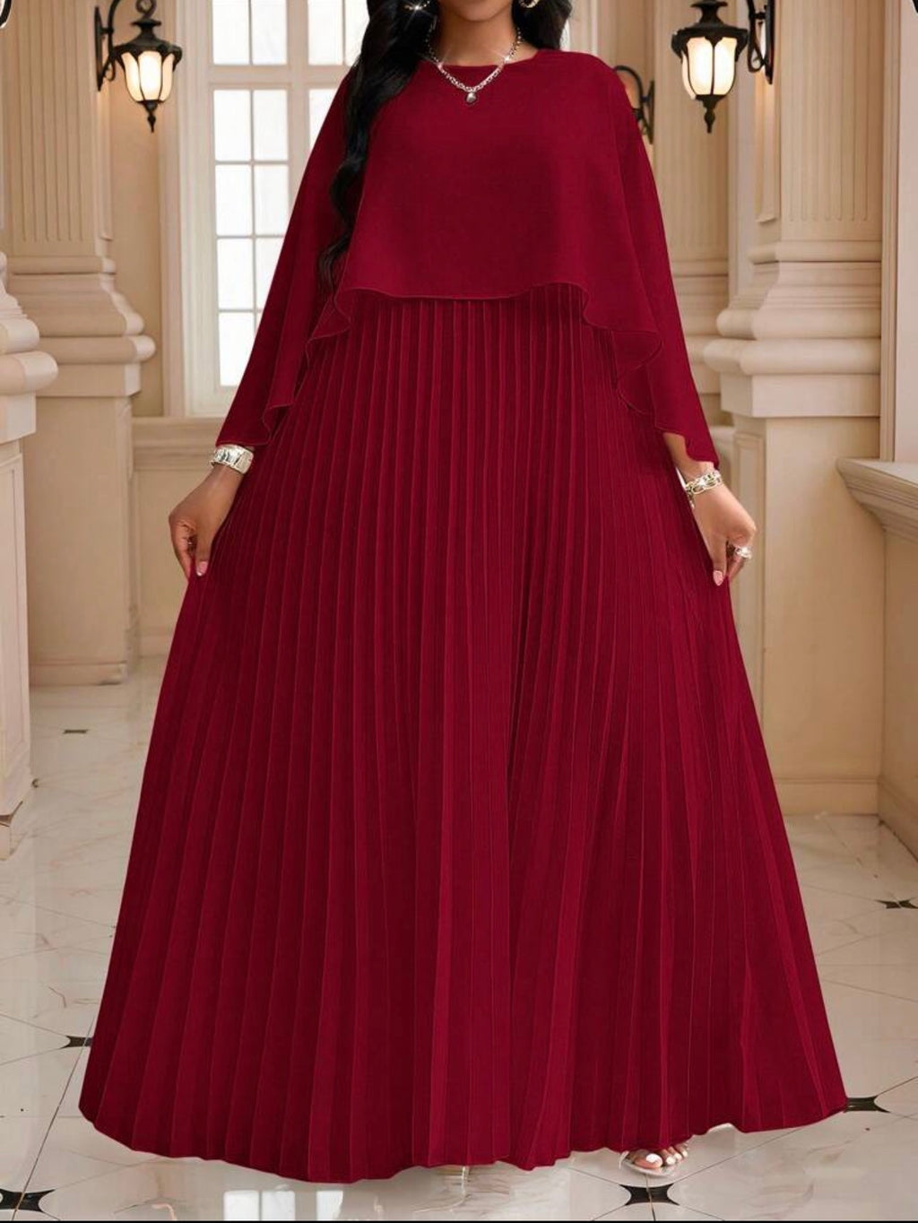 Cape Overlay Pleated Maxi Dress in Purple Floral - back view