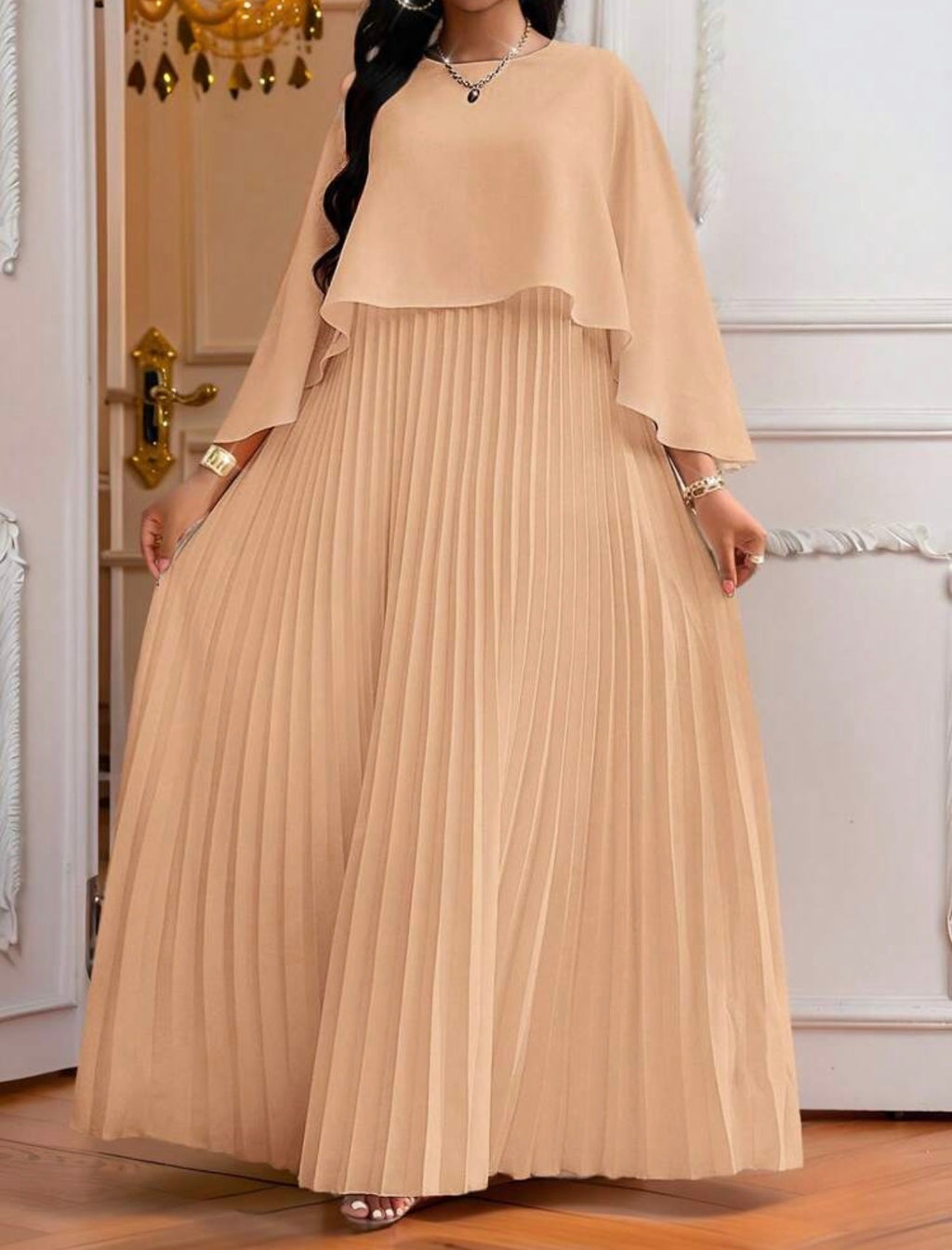 Cape Overlay Pleated Maxi Dress in Purple Floral - side view