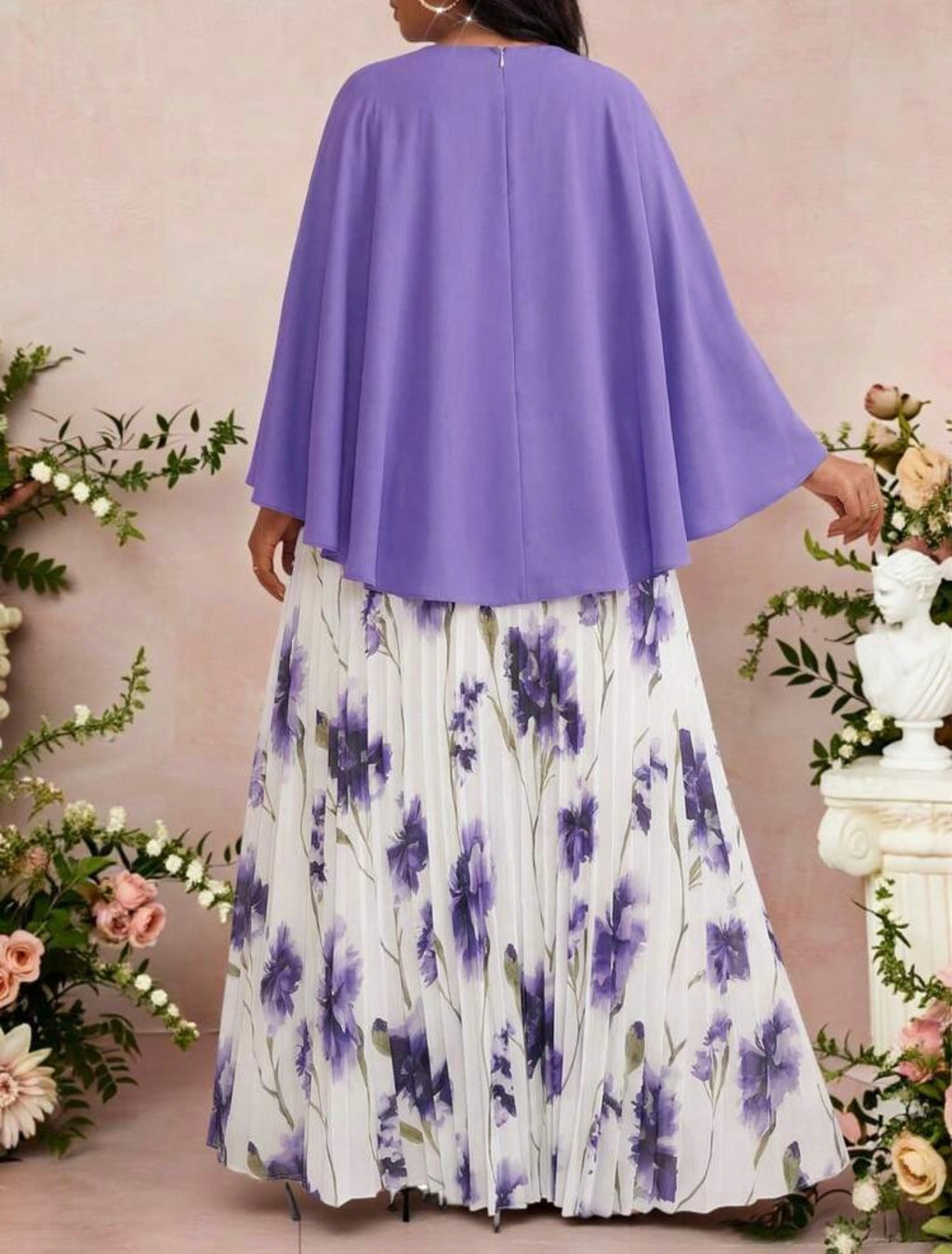Cape Overlay Pleated Maxi Dress in Red - back view