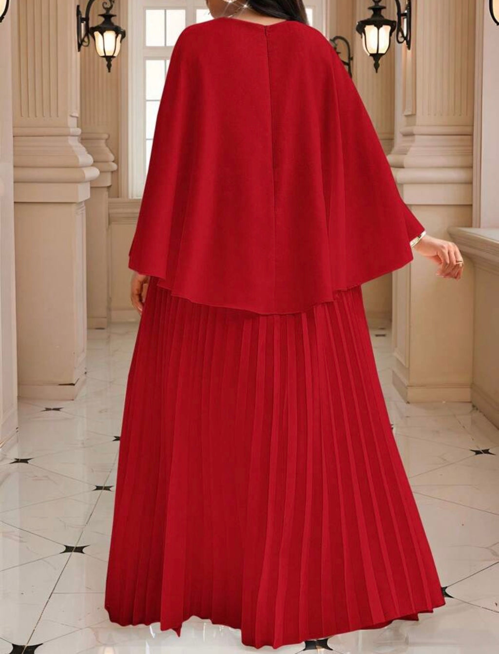 Cape Overlay Pleated Maxi Dress in Red - full length