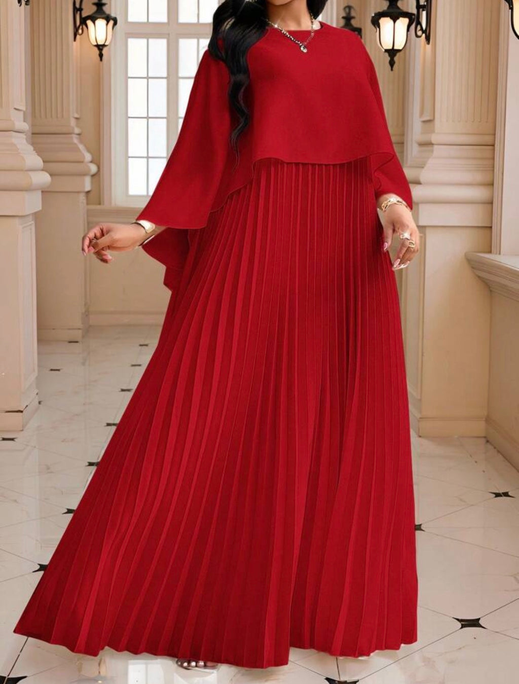 SDD4008 Cape Overlay Pleated Maxi Dress