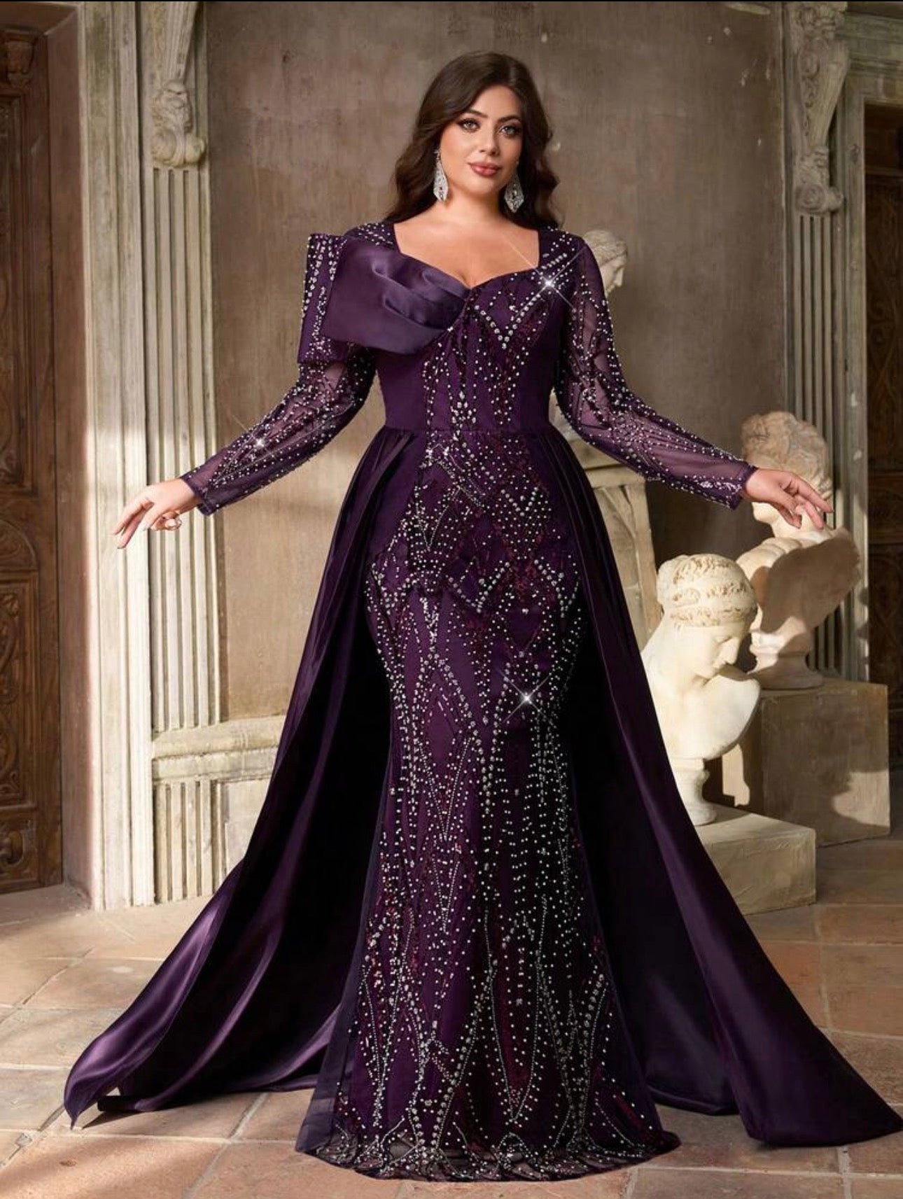 SD3224 Plus Size Beaded Bow-Detail Mermaid Gown with Detachable Train