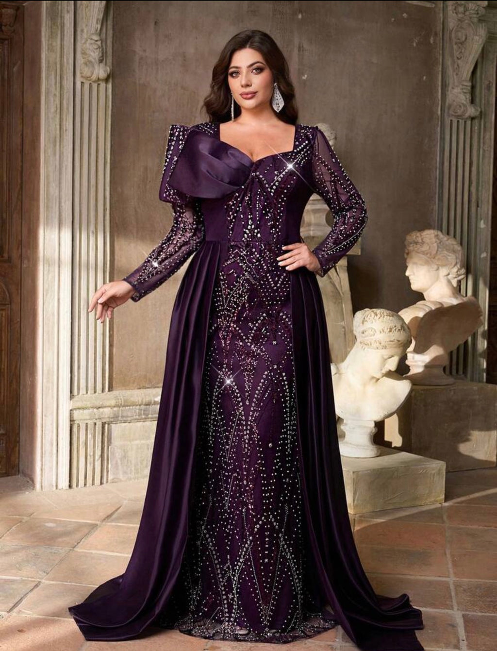 SD3224 Plus Size Beaded Bow-Detail Mermaid Gown with Detachable Train