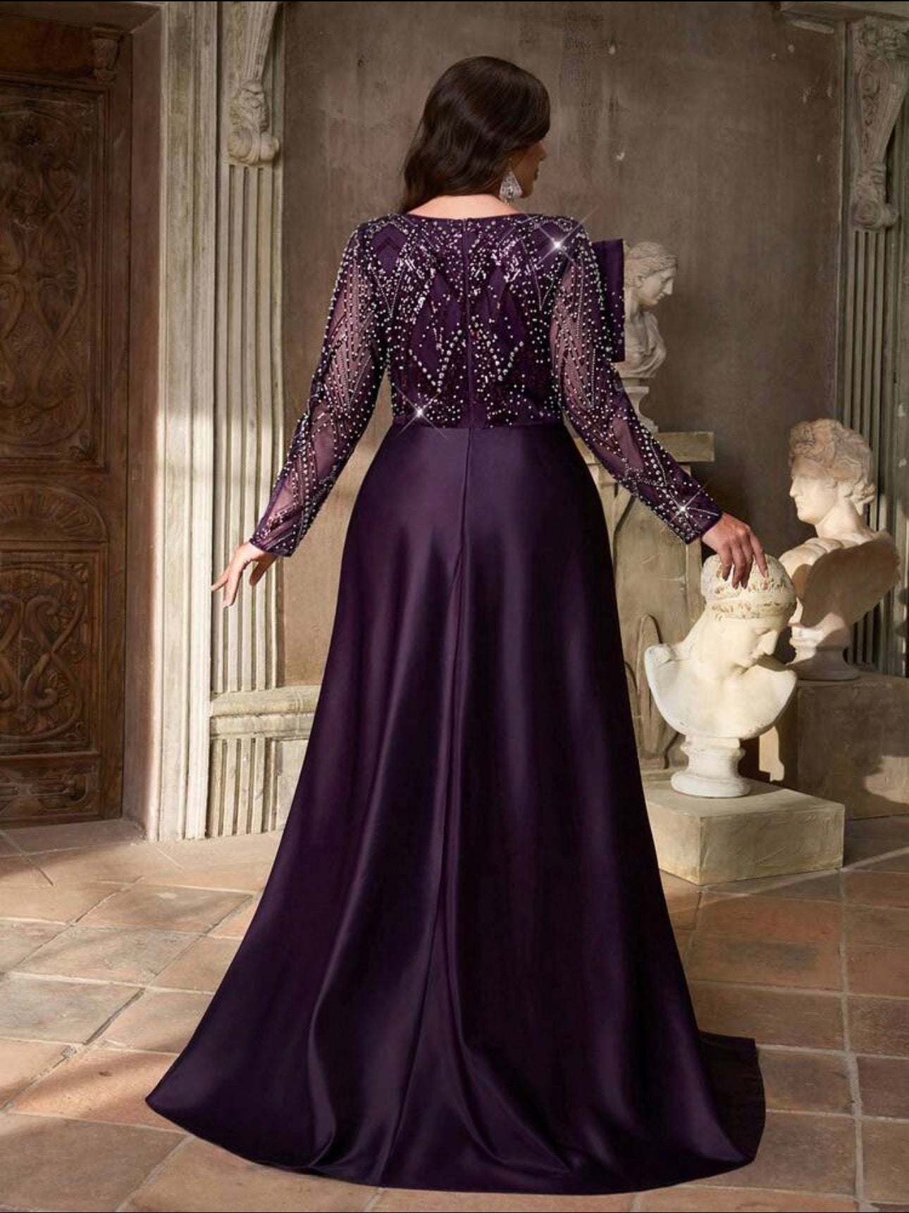 SD3224 Plus Size Beaded Bow-Detail Mermaid Gown with Detachable Train