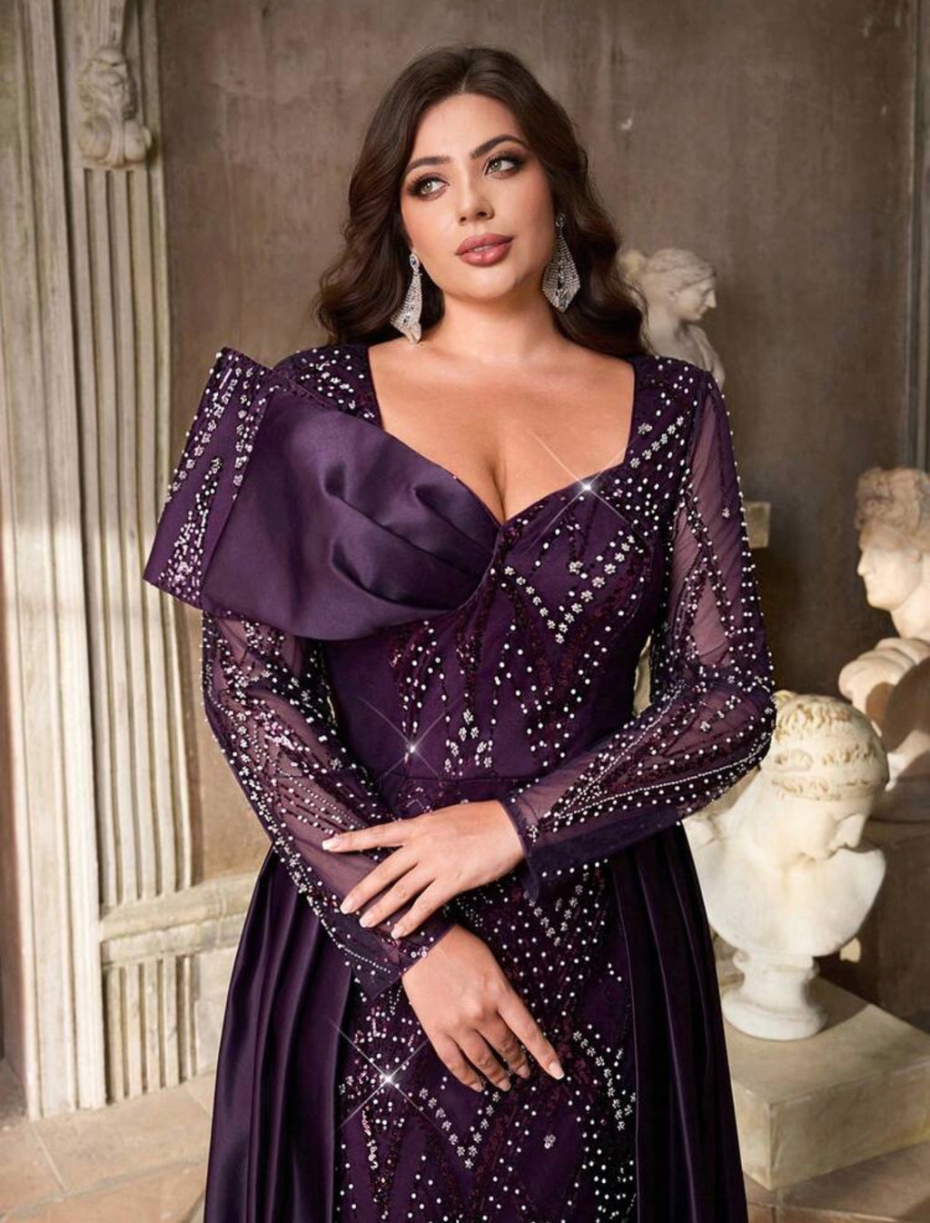 SD3224 Plus Size Beaded Bow-Detail Mermaid Gown with Detachable Train