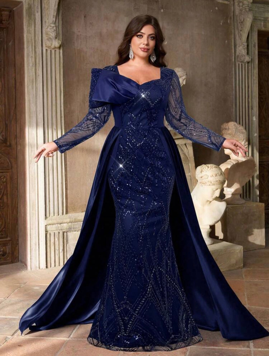 SD3224 Plus Size Beaded Bow-Detail Mermaid Gown with Detachable Train