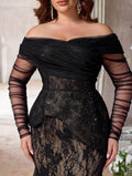 SD3225 Plus Size Off-Shoulder Lace Peplum Mermaid Gown