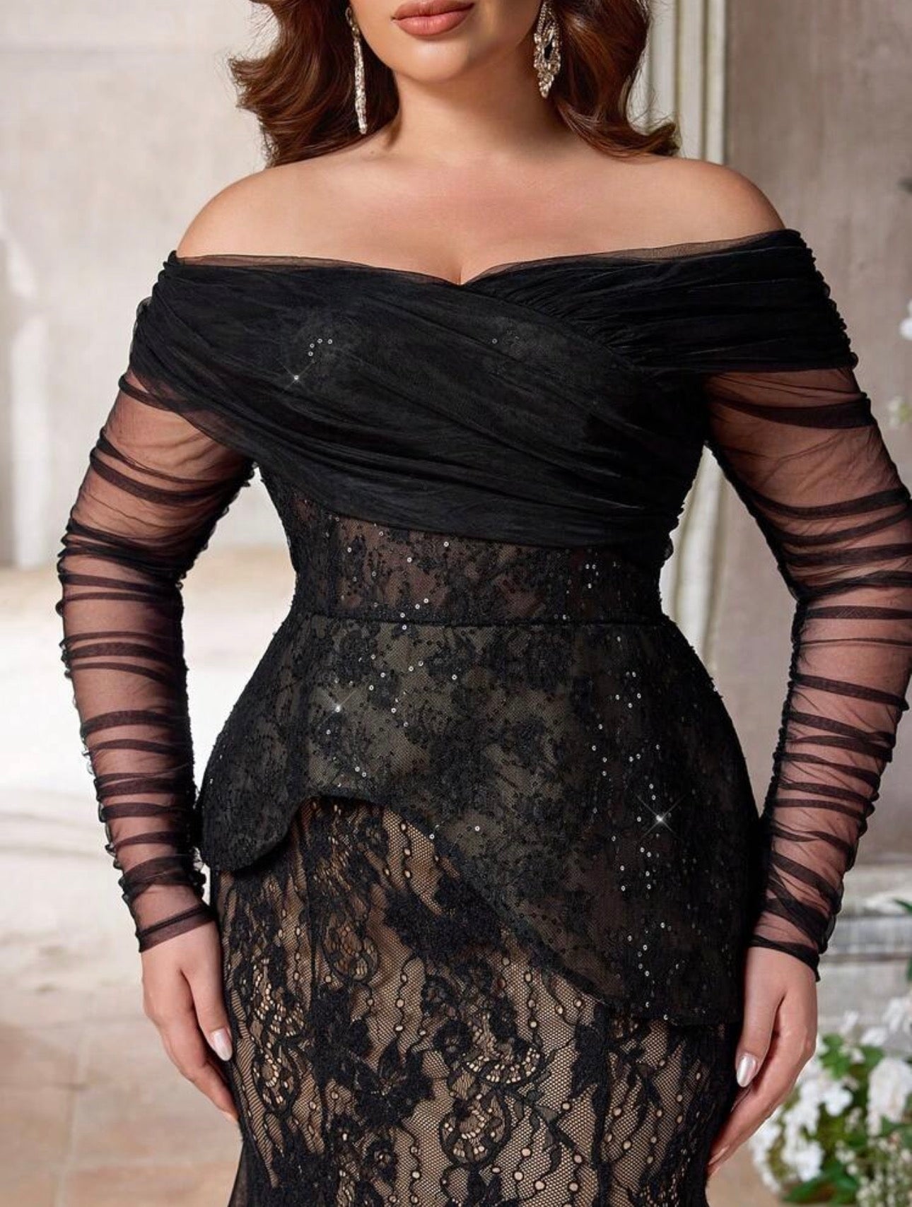 SD3225 Plus Size Off-Shoulder Lace Peplum Mermaid Gown