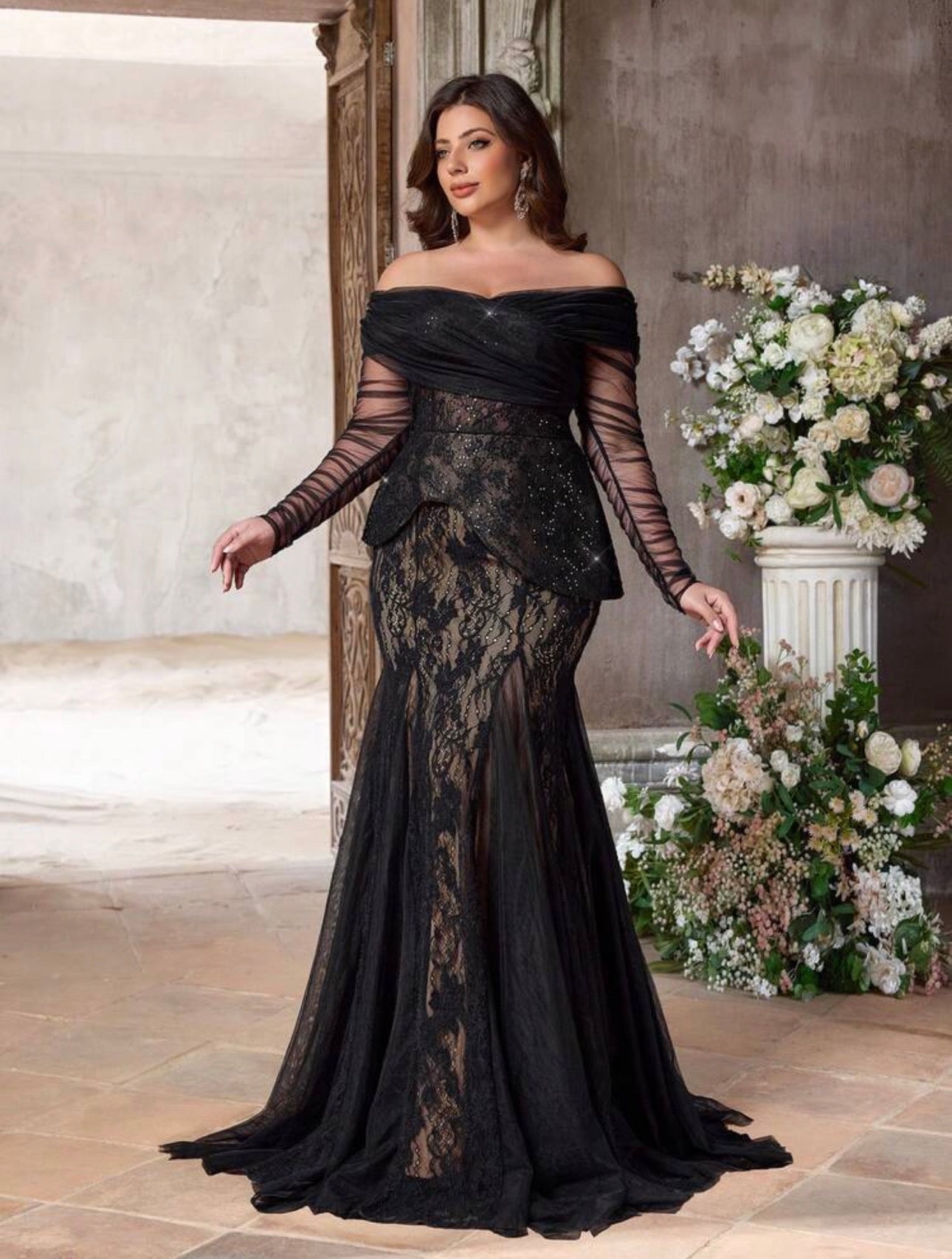 SD3225 Plus Size Off-Shoulder Lace Peplum Mermaid Gown
