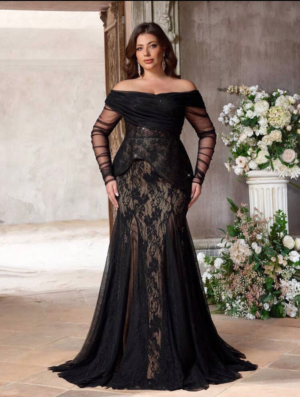 SD3225 Plus Size Off-Shoulder Lace Peplum Mermaid Gown