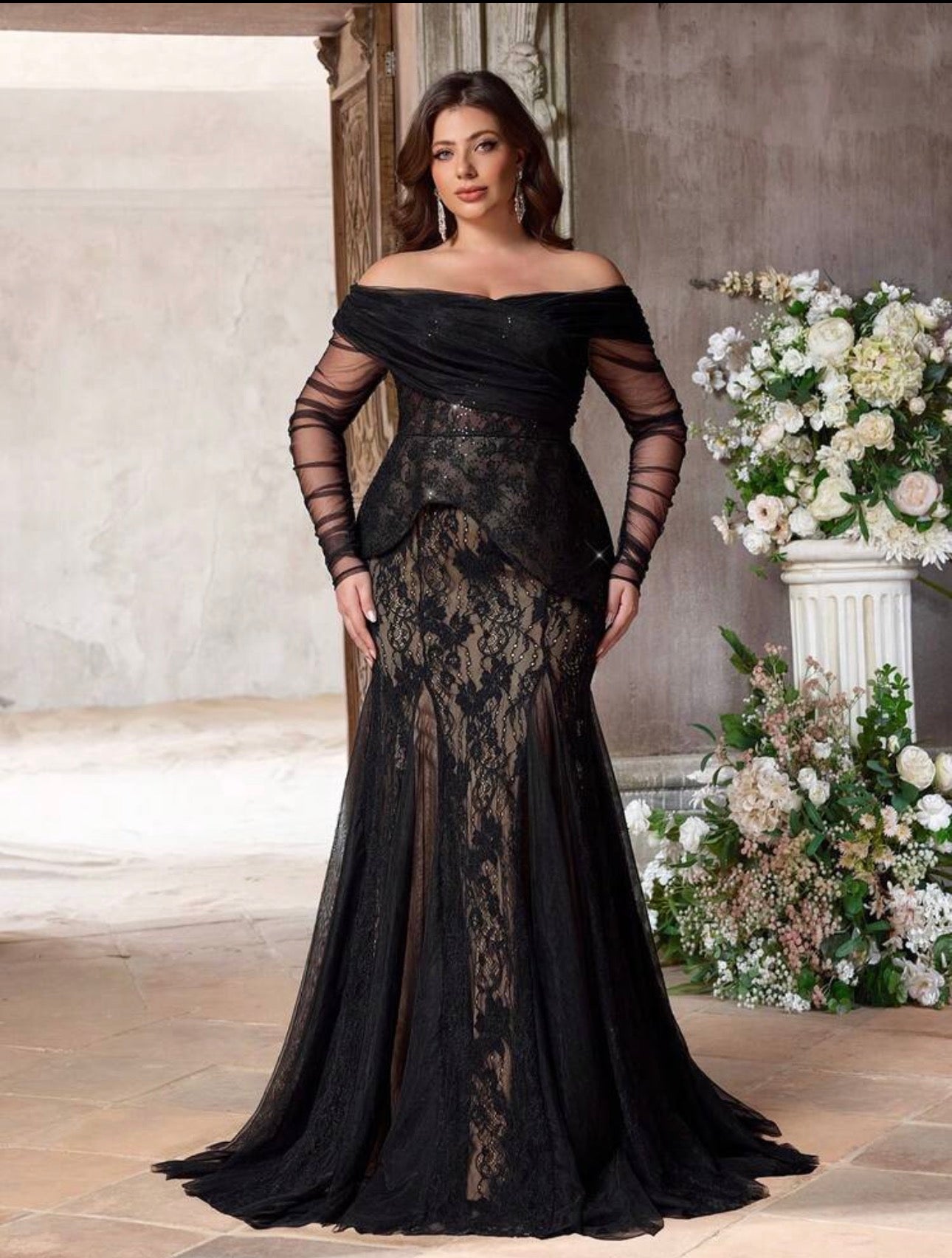 SD3225 Plus Size Off-Shoulder Lace Peplum Mermaid Gown