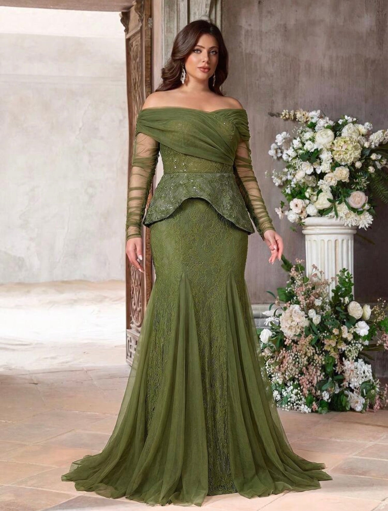 SD3225 Plus Size Off-Shoulder Lace Peplum Mermaid Gown