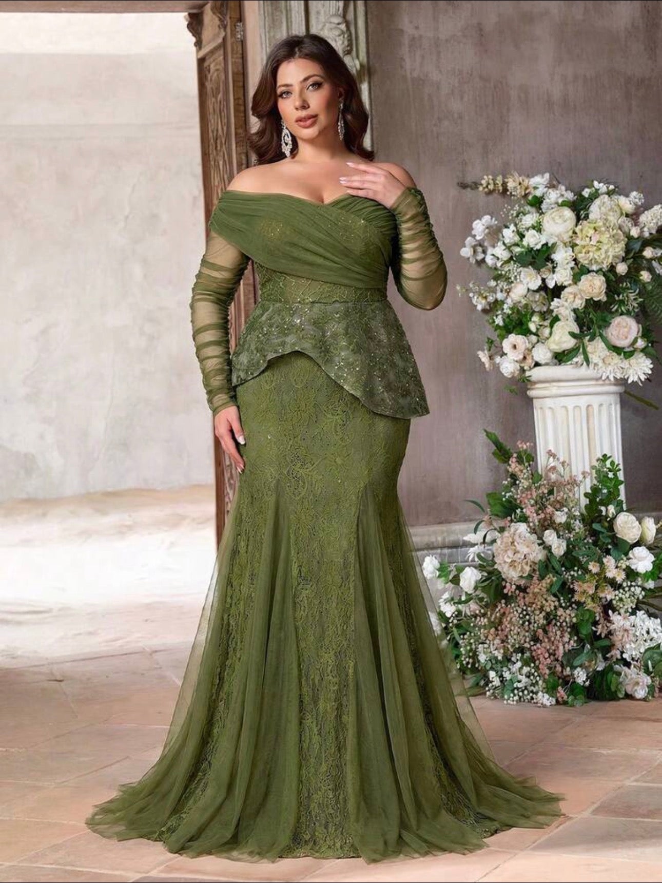 SD3225 Plus Size Off-Shoulder Lace Peplum Mermaid Gown