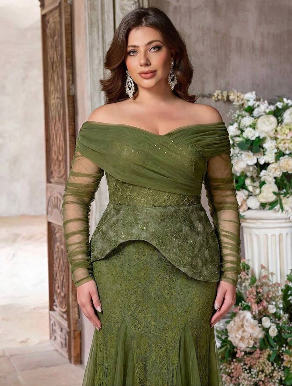 SD3225 Plus Size Off-Shoulder Lace Peplum Mermaid Gown