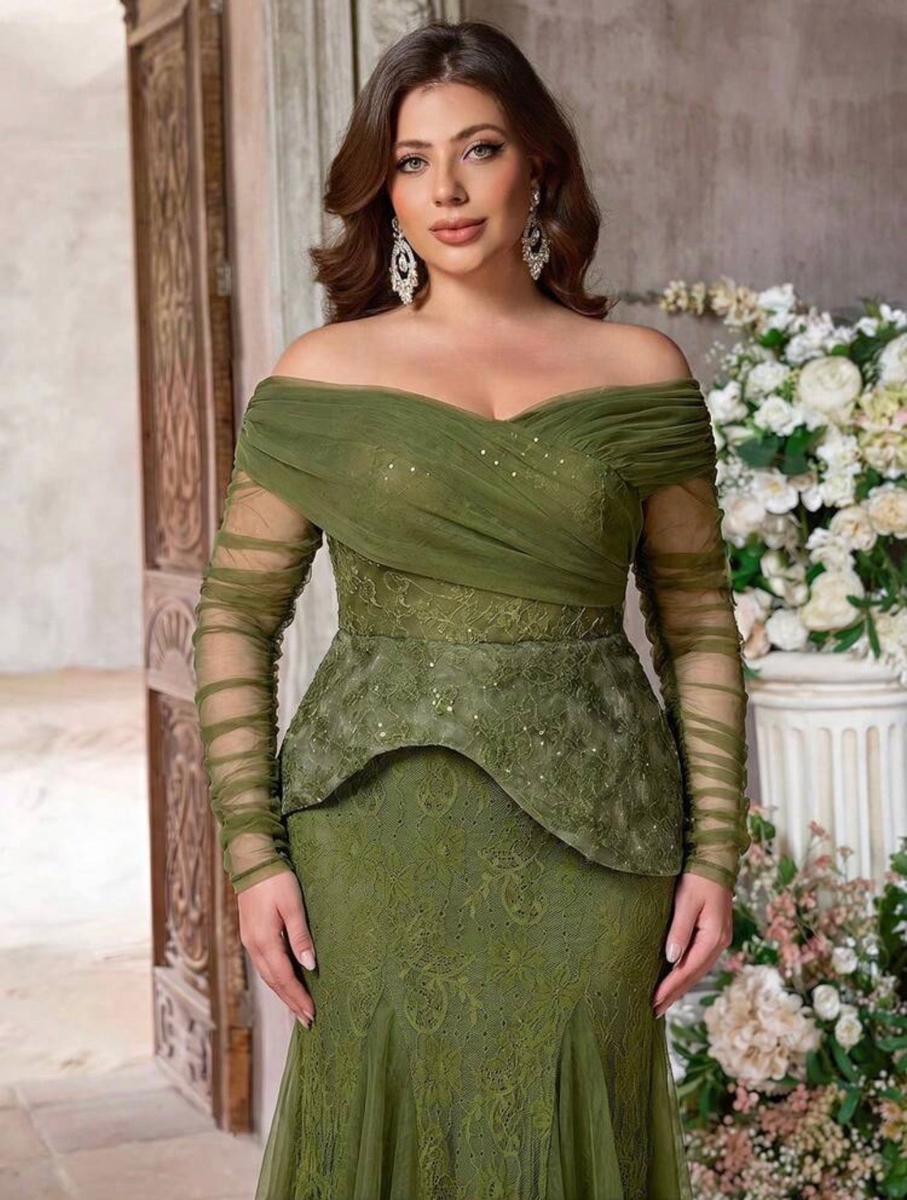 SD3225 Plus Size Off-Shoulder Lace Peplum Mermaid Gown