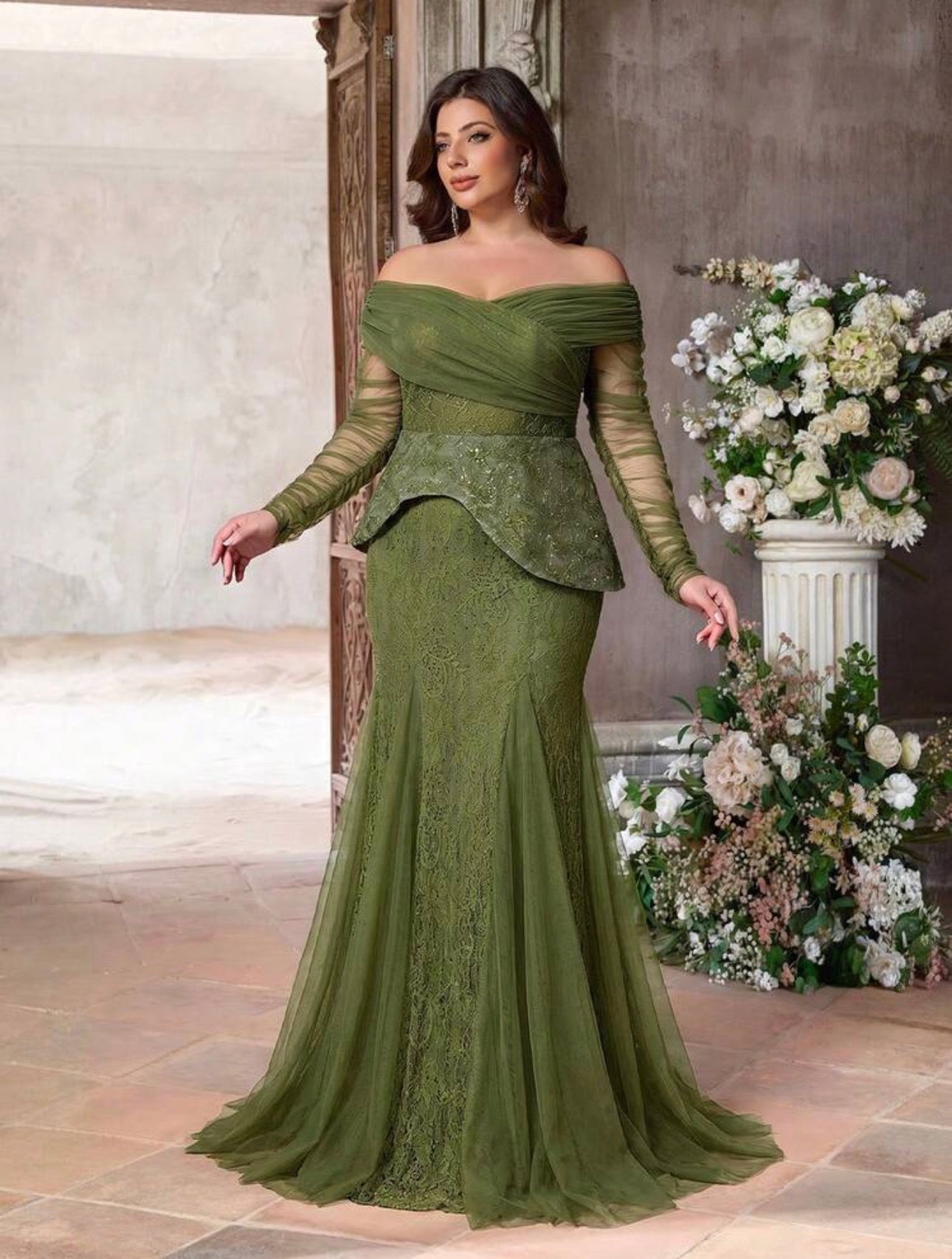 SD3225 Plus Size Off-Shoulder Lace Peplum Mermaid Gown