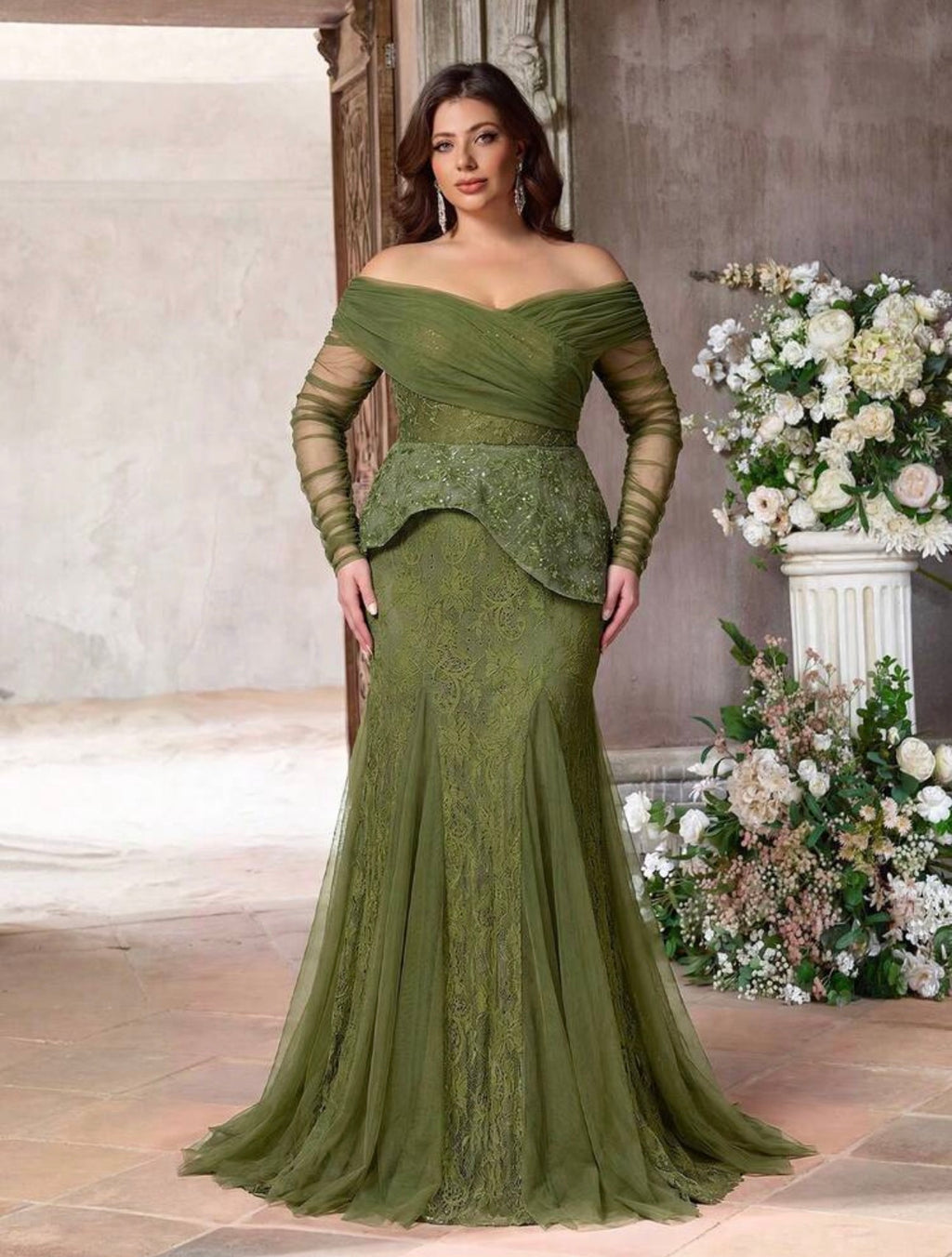 SD3225 Plus Size Off-Shoulder Lace Peplum Mermaid Gown