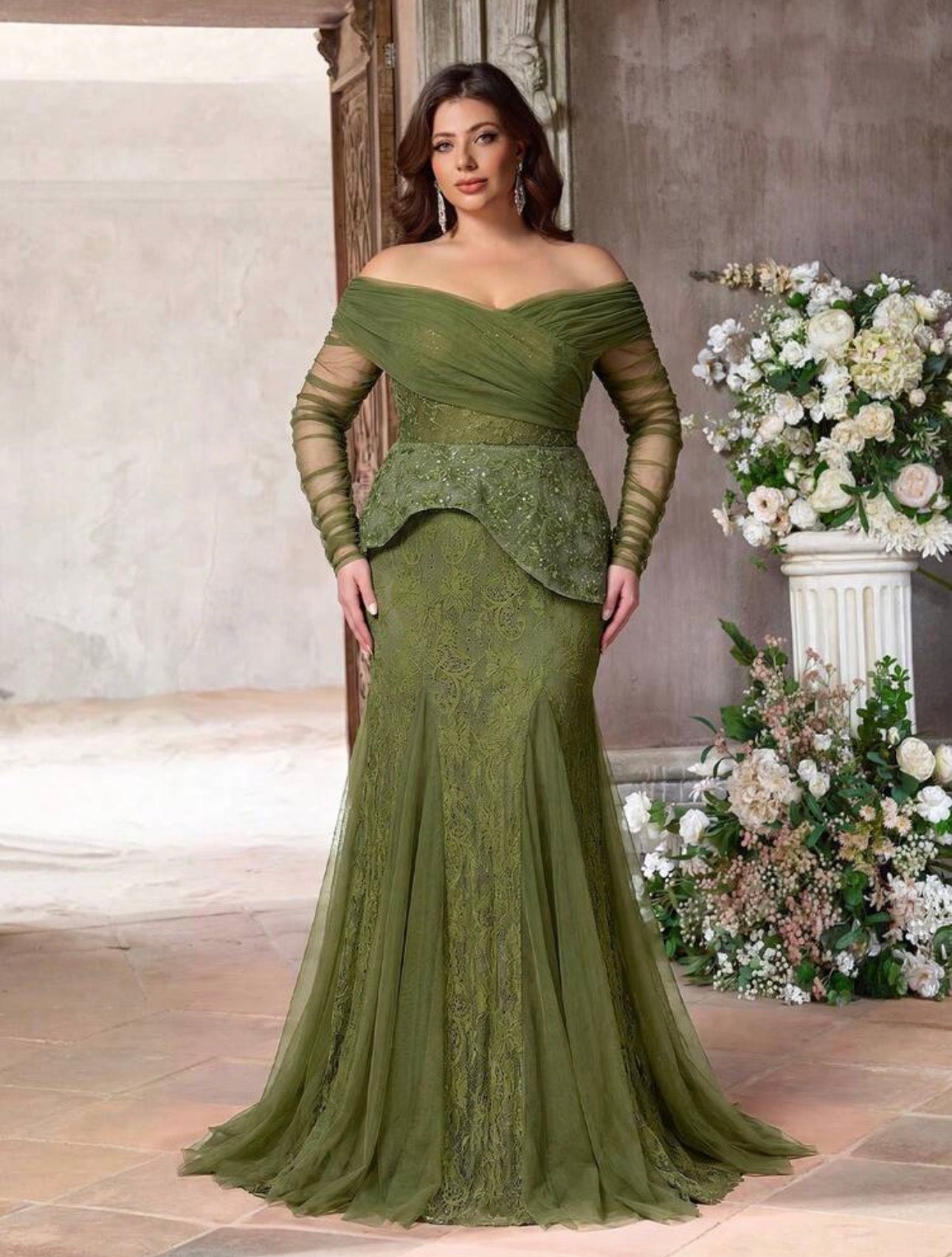 SD3225 Plus Size Off-Shoulder Lace Peplum Mermaid Gown