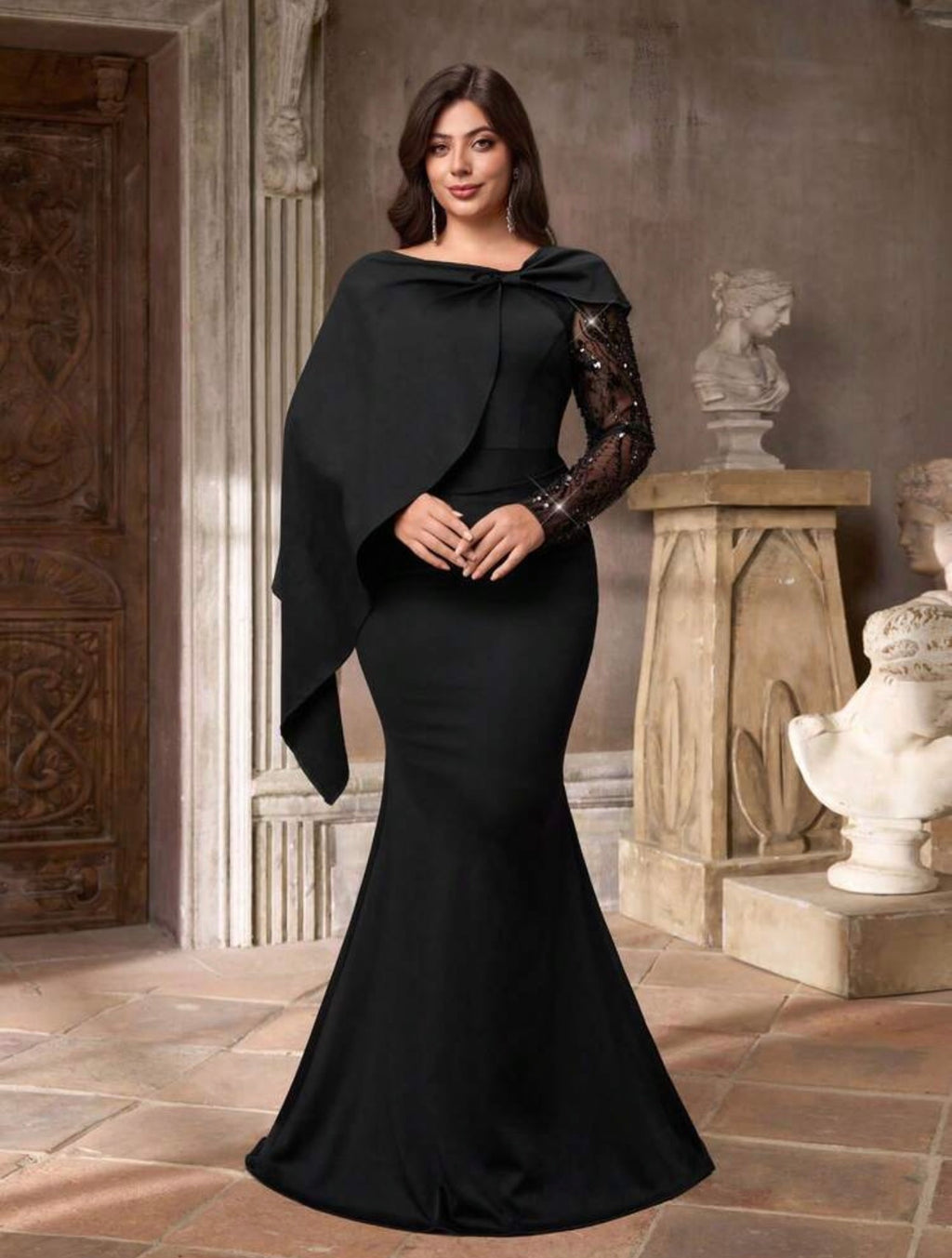 SD3227 Plus Size Cape-Shoulder Sequin Sleeve Mermaid Gown