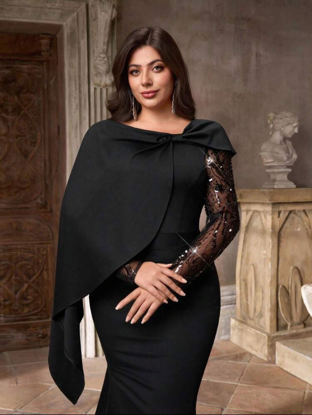 SD3227 Plus Size Cape-Shoulder Sequin Sleeve Mermaid Gown