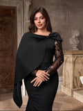 SD3227 Plus Size Cape-Shoulder Sequin Sleeve Mermaid Gown
