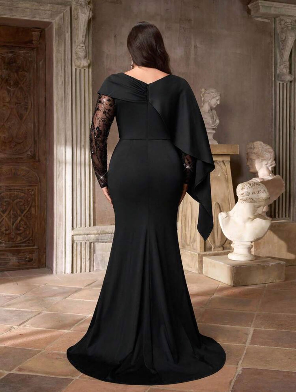 SD3227 Plus Size Cape-Shoulder Sequin Sleeve Mermaid Gown