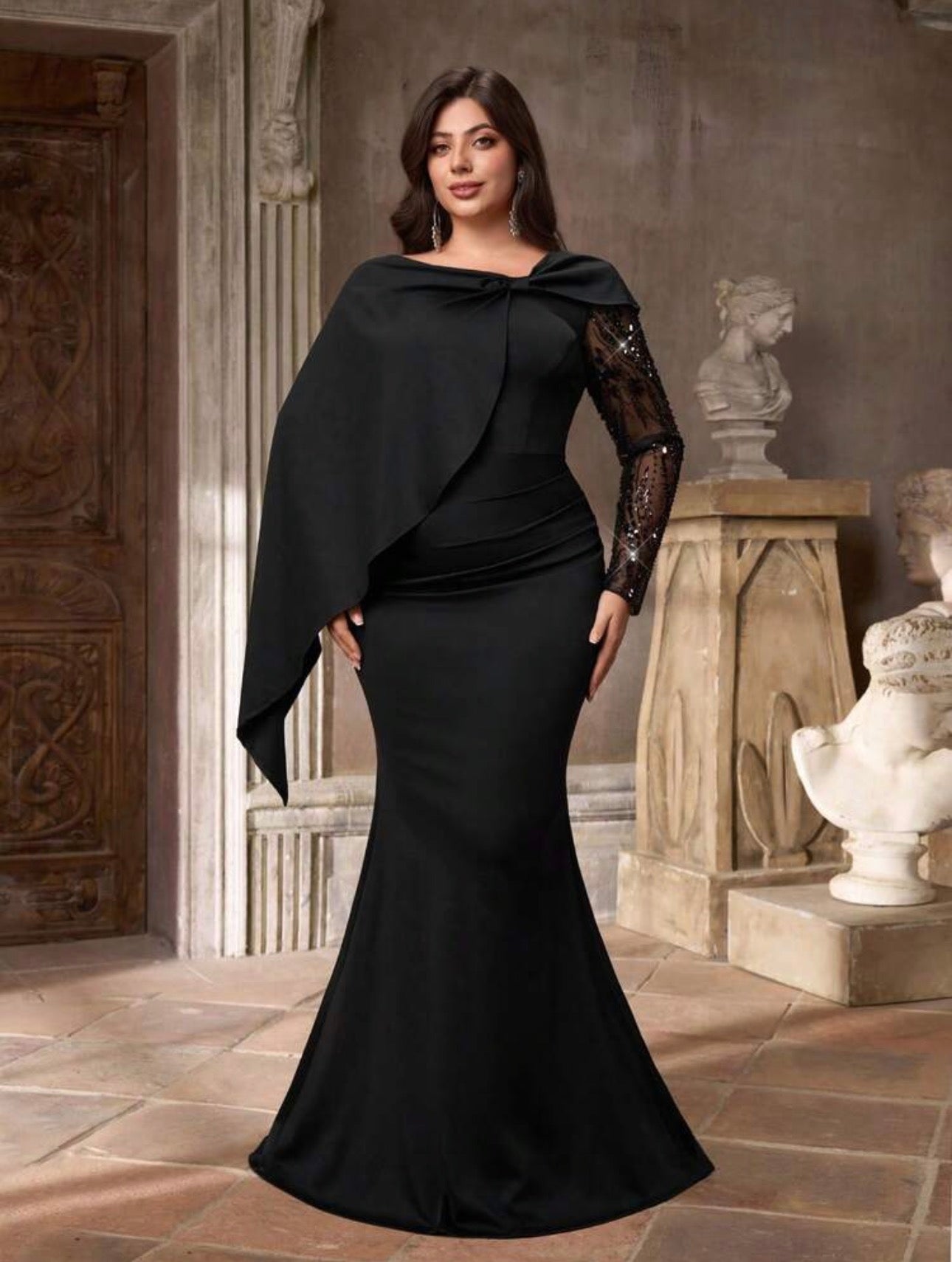 SD3227 Plus Size Cape-Shoulder Sequin Sleeve Mermaid Gown