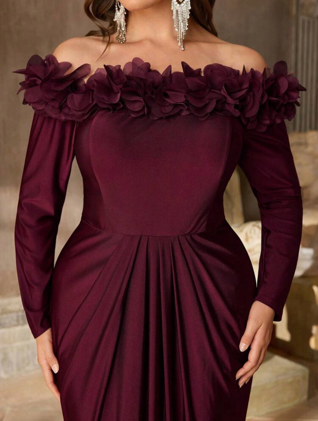 SD3228 Plus Size Off-Shoulder 3D Floral Draped Satin Mermaid Gown