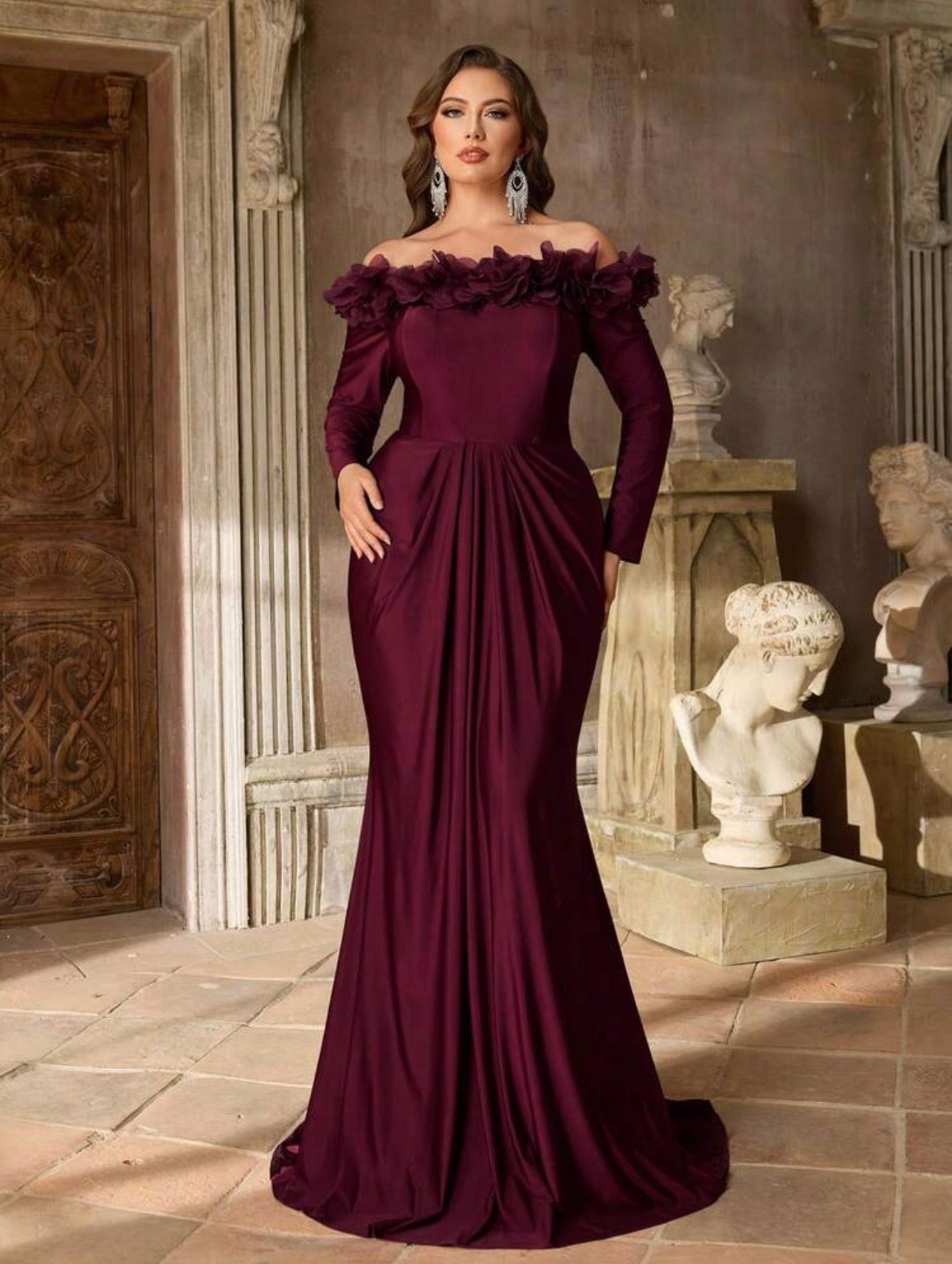 SD3228 Plus Size Off-Shoulder 3D Floral Draped Satin Mermaid Gown