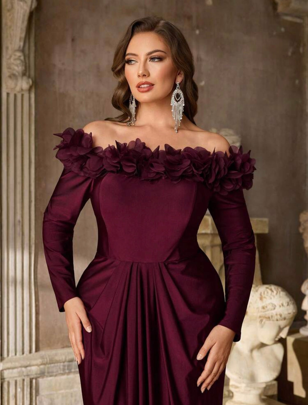 SD3228 Plus Size Off-Shoulder 3D Floral Draped Satin Mermaid Gown