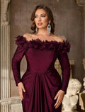 SD3228 Plus Size Off-Shoulder 3D Floral Draped Satin Mermaid Gown