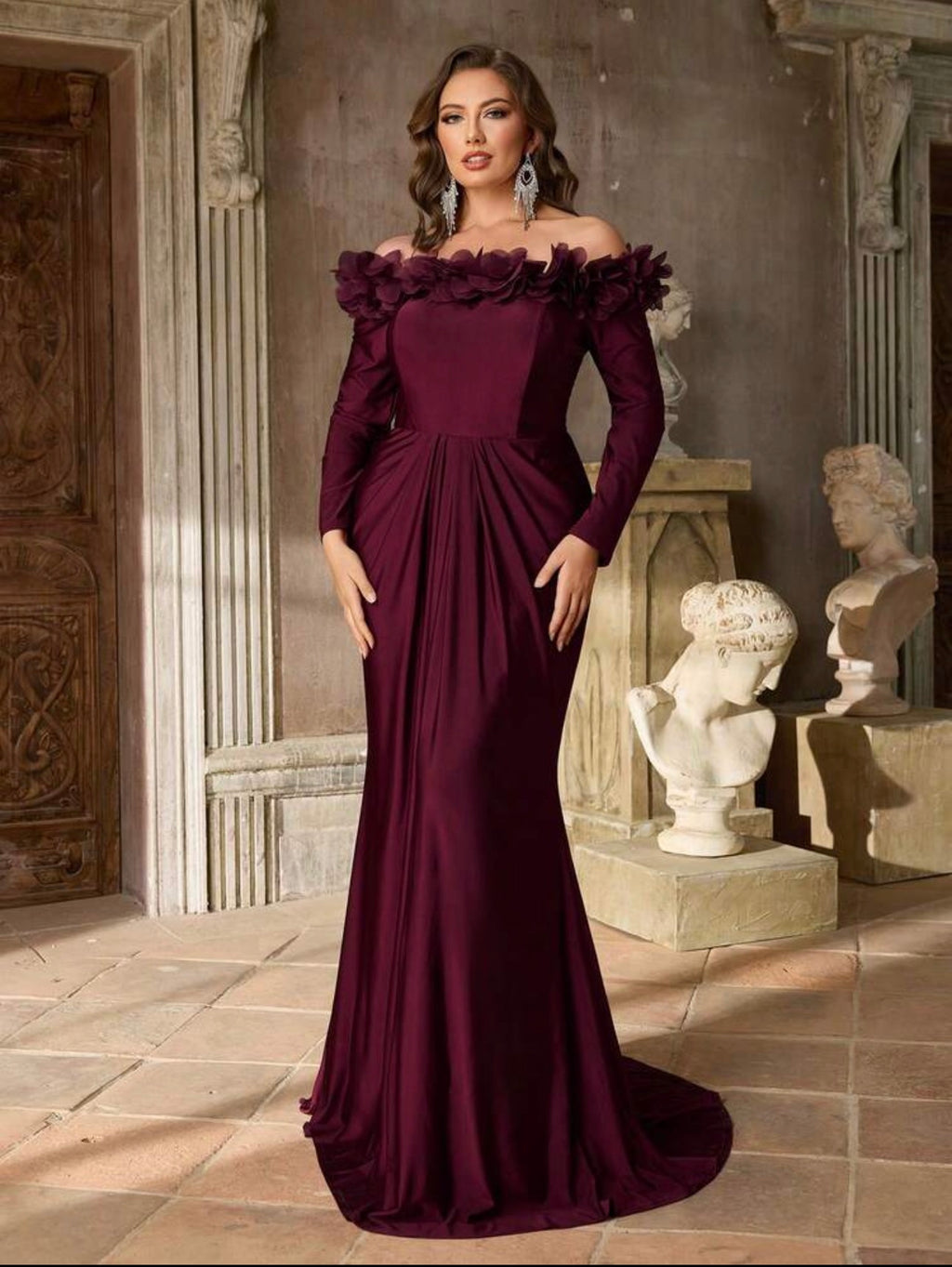 SD3228 Plus Size Off-Shoulder 3D Floral Draped Satin Mermaid Gown