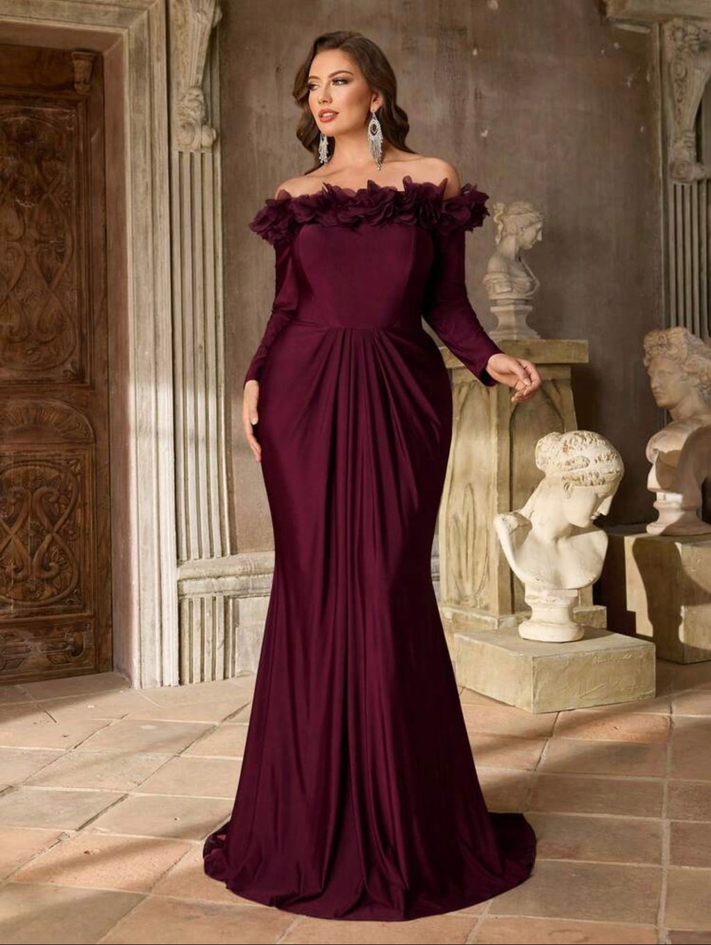 SD3228 Plus Size Off-Shoulder 3D Floral Draped Satin Mermaid Gown