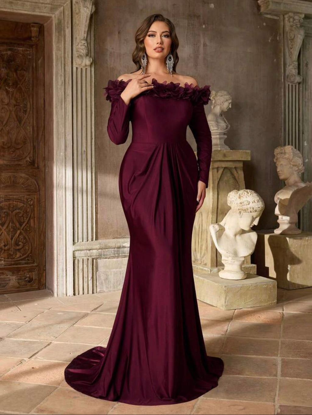 SD3228 Plus Size Off-Shoulder 3D Floral Draped Satin Mermaid Gown